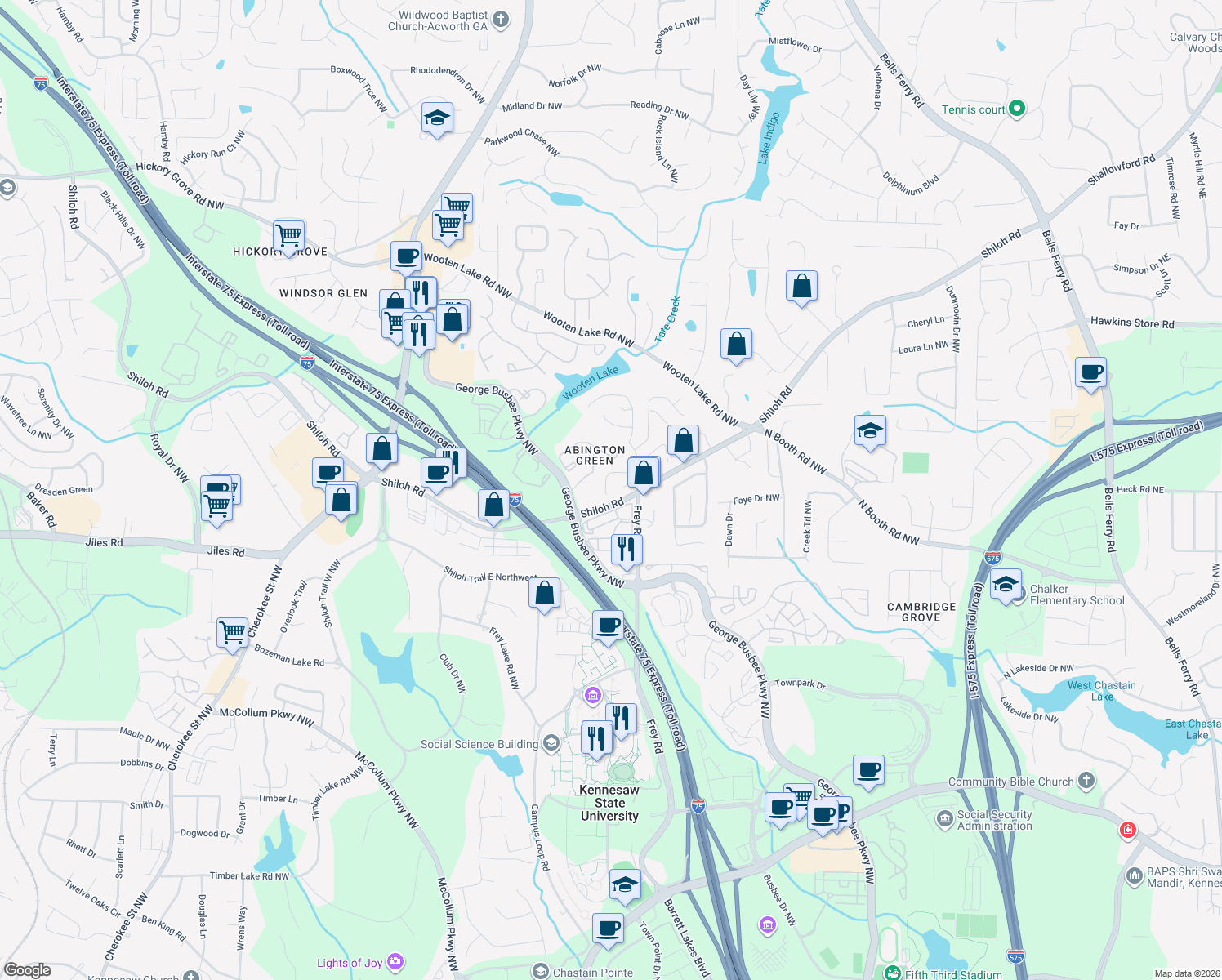 map of restaurants, bars, coffee shops, grocery stores, and more near 1023 Brentmoor Ln NW in Kennesaw