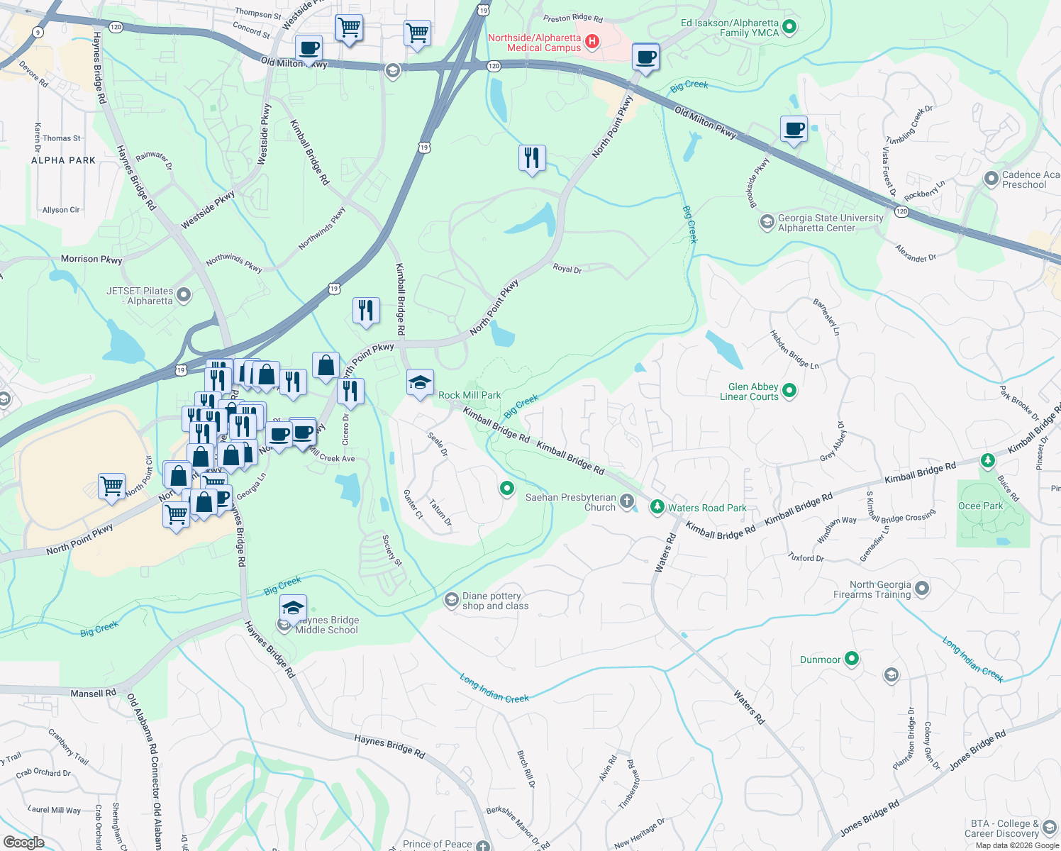 map of restaurants, bars, coffee shops, grocery stores, and more near 1125 Sterling Brooke Drive in Alpharetta