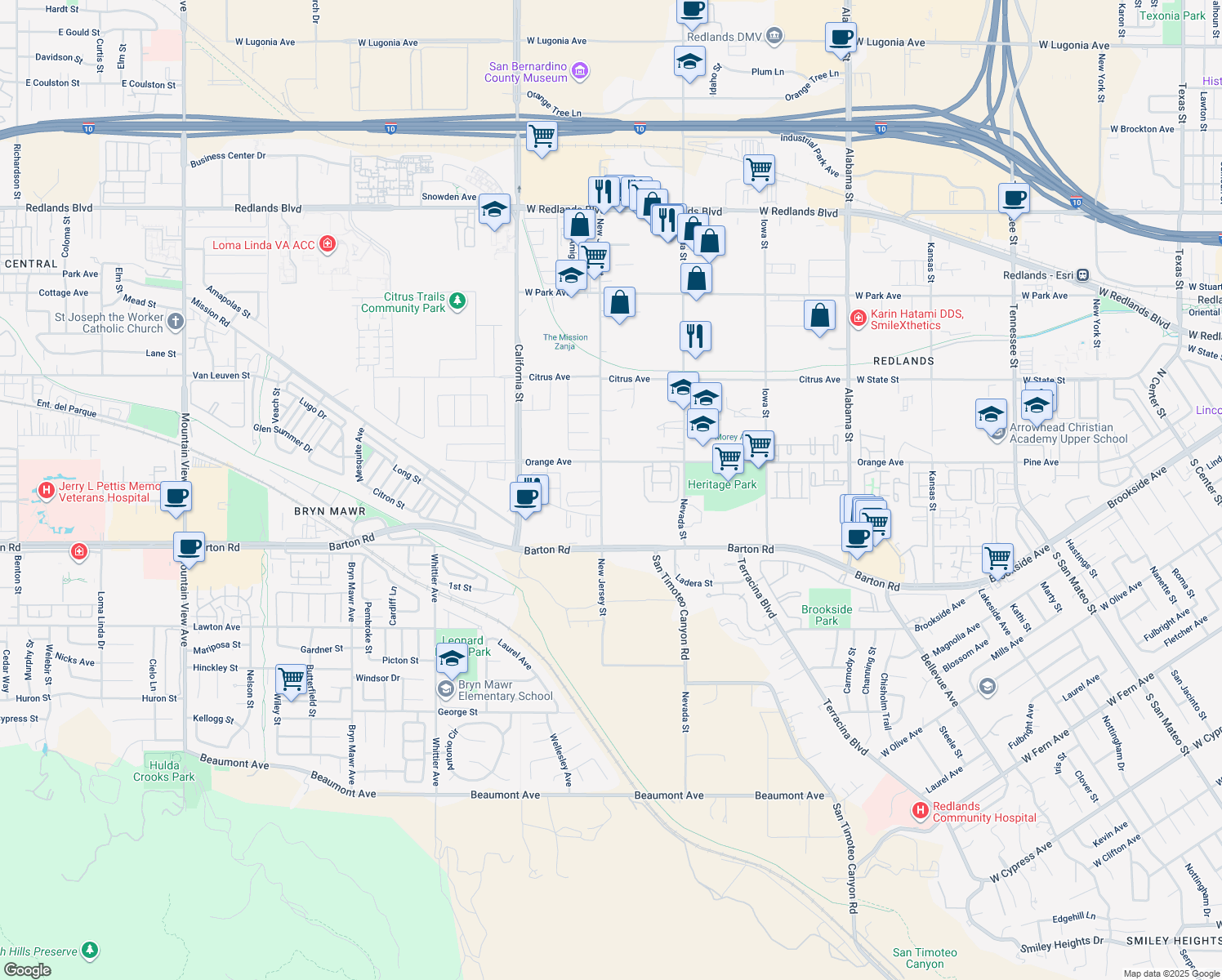 map of restaurants, bars, coffee shops, grocery stores, and more near 26735 Orange Ave in Redlands