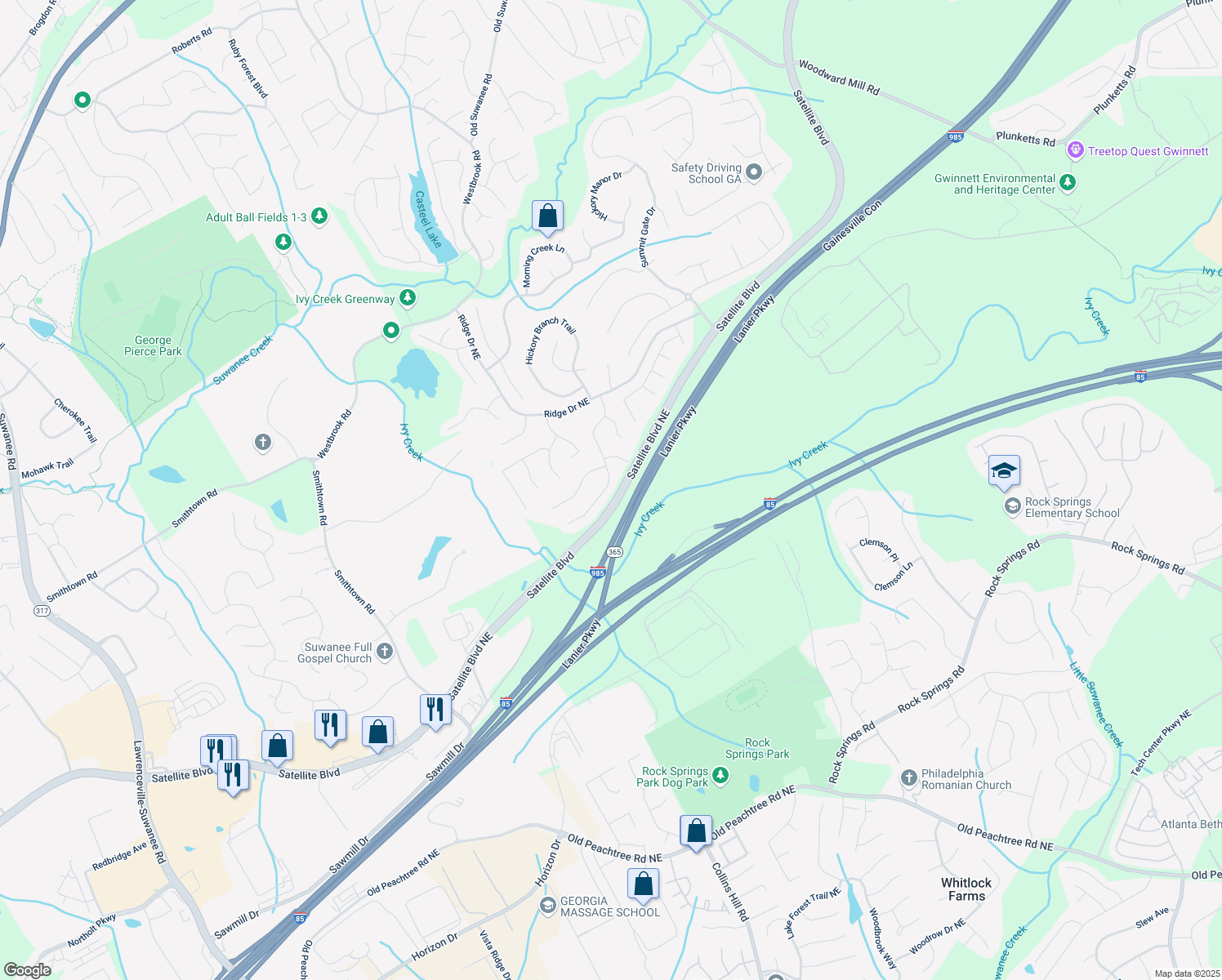 map of restaurants, bars, coffee shops, grocery stores, and more near 3463 Dunbar Lane in Suwanee