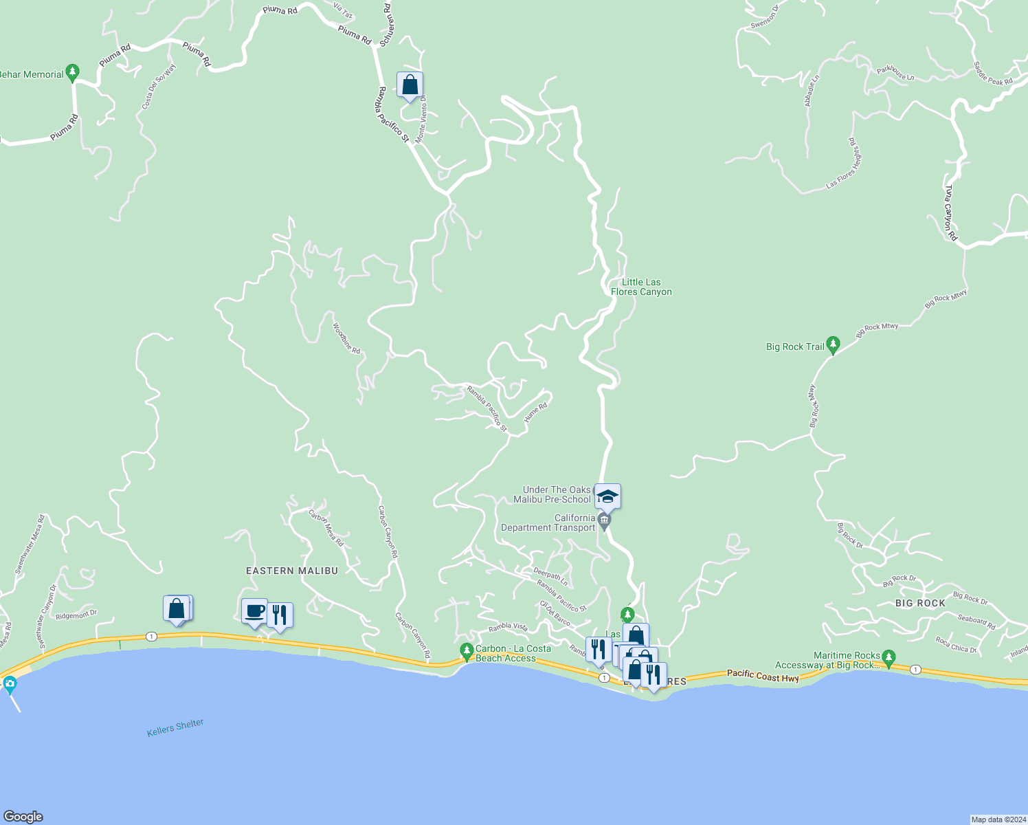 map of restaurants, bars, coffee shops, grocery stores, and more near 21801 Castlewood Drive in Malibu