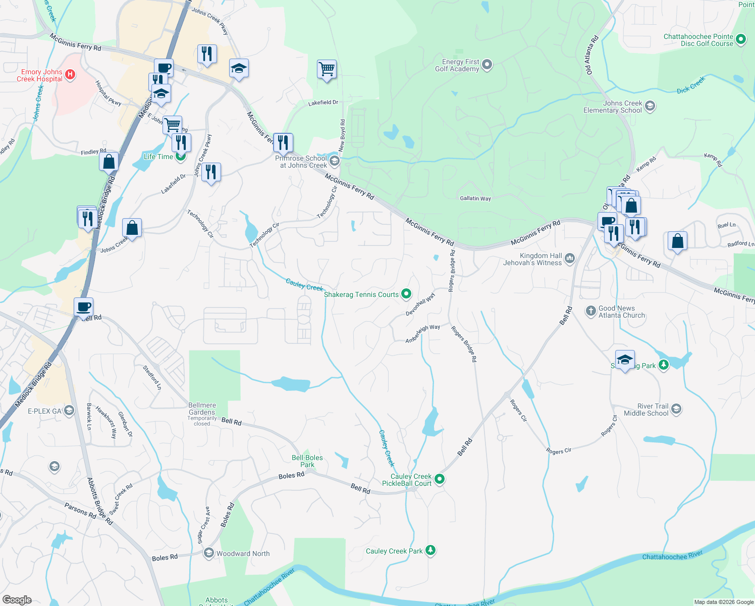 map of restaurants, bars, coffee shops, grocery stores, and more near 340 Wentworth Downs Ct in Duluth
