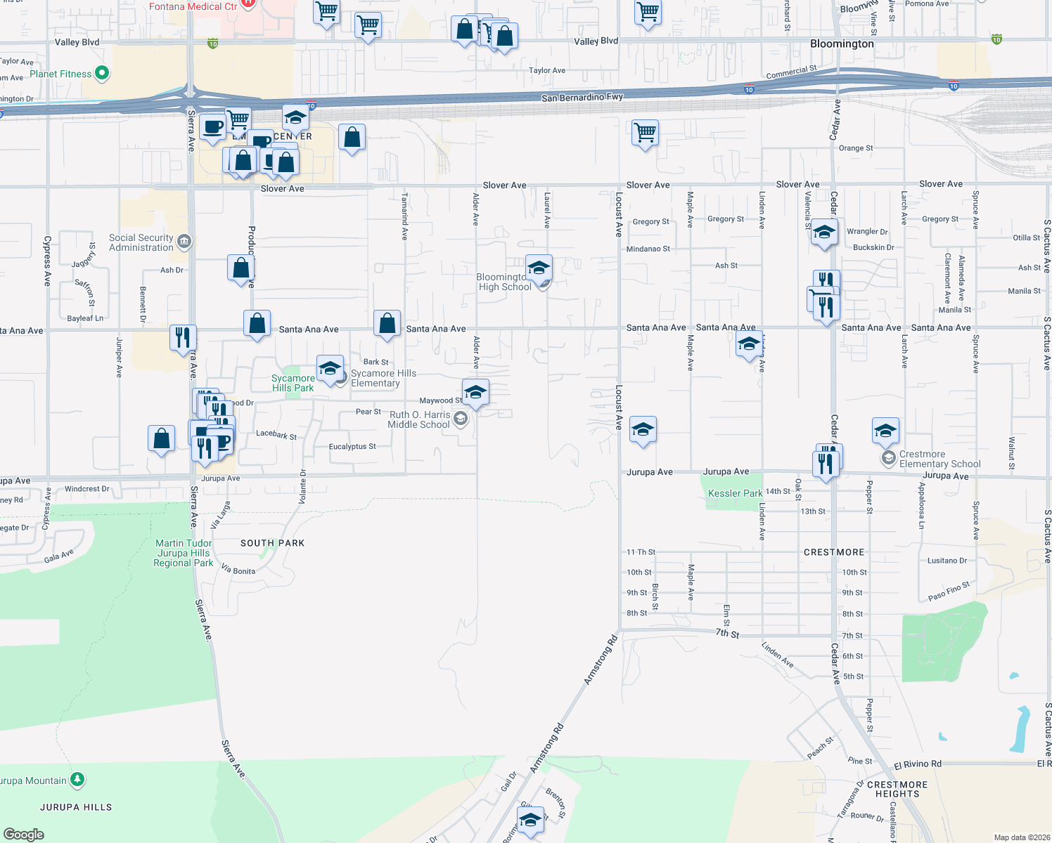 map of restaurants, bars, coffee shops, grocery stores, and more near 11160 Laurel Avenue in Bloomington