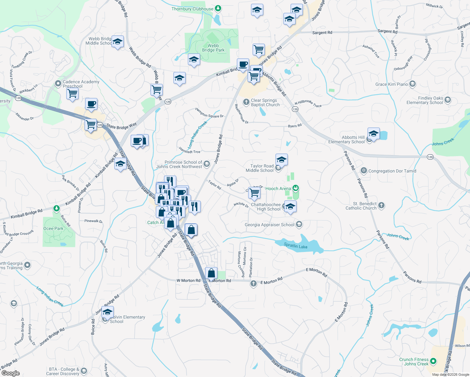 map of restaurants, bars, coffee shops, grocery stores, and more near 4920 Cinnabar Drive in Alpharetta