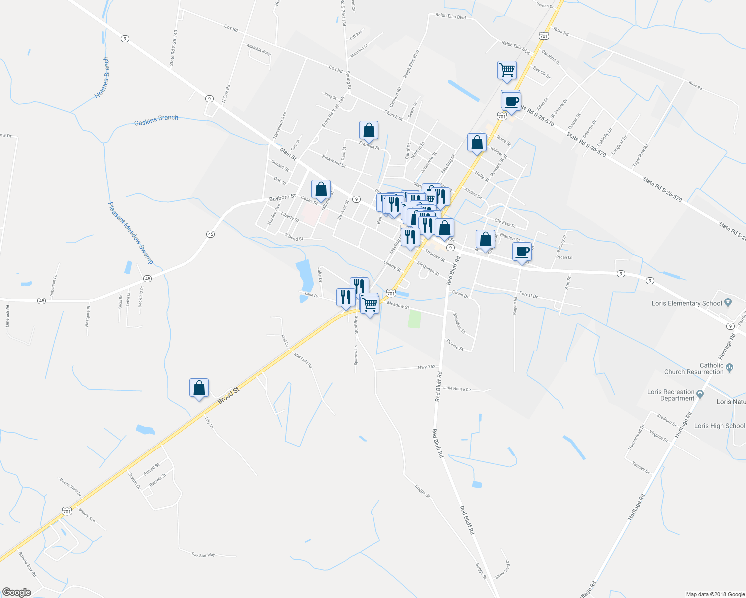 map of restaurants, bars, coffee shops, grocery stores, and more near 3085 Broad Street in Loris