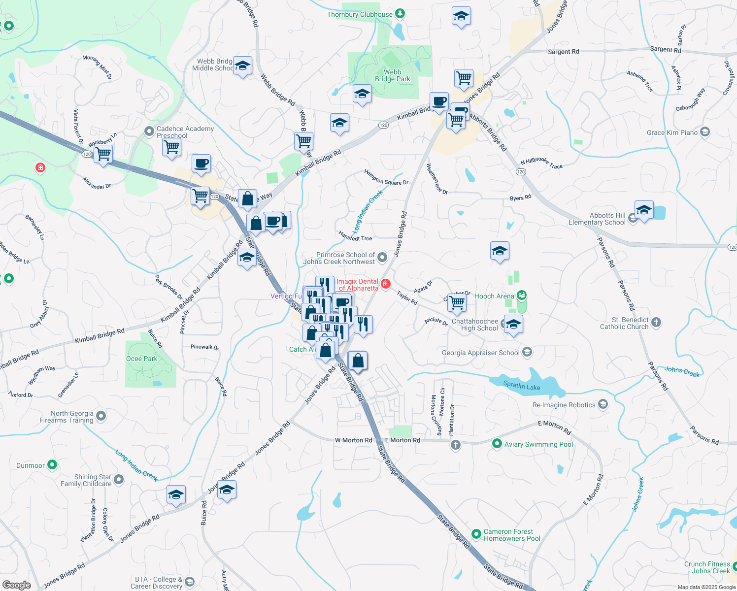 map of restaurants, bars, coffee shops, grocery stores, and more near 115 Yatley Ct in Alpharetta