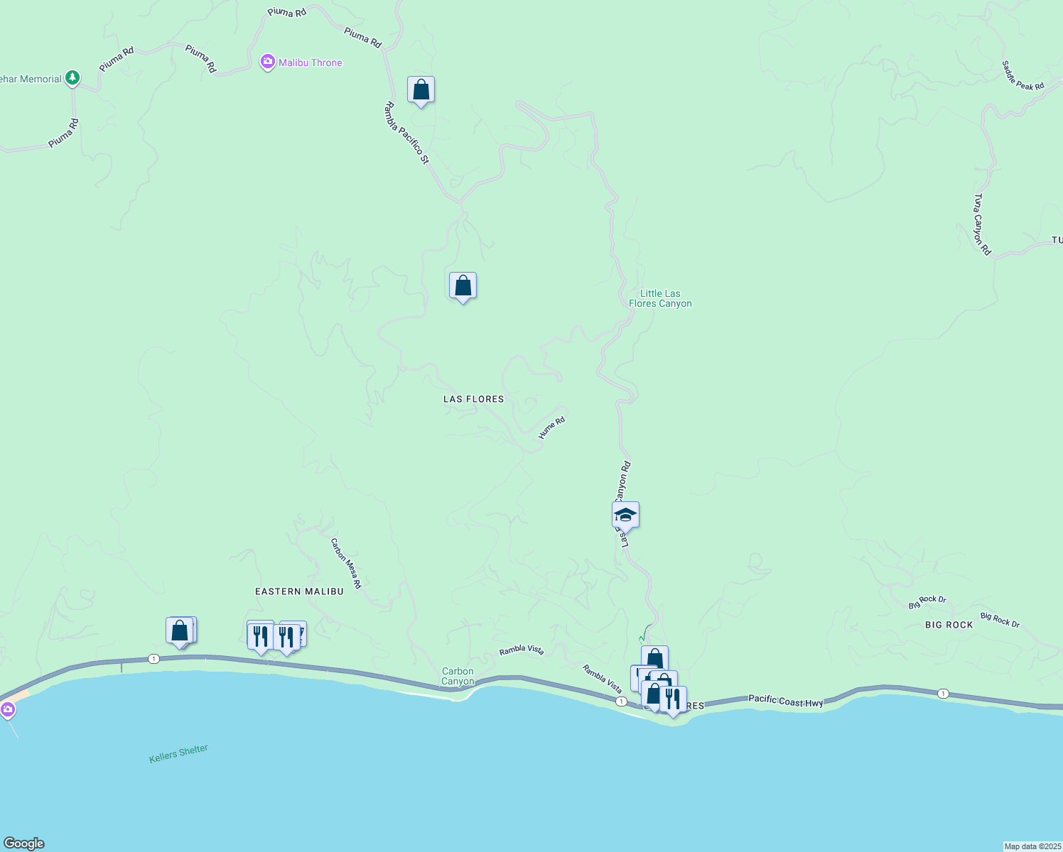 map of restaurants, bars, coffee shops, grocery stores, and more near 21801 Castlewood Drive in Malibu
