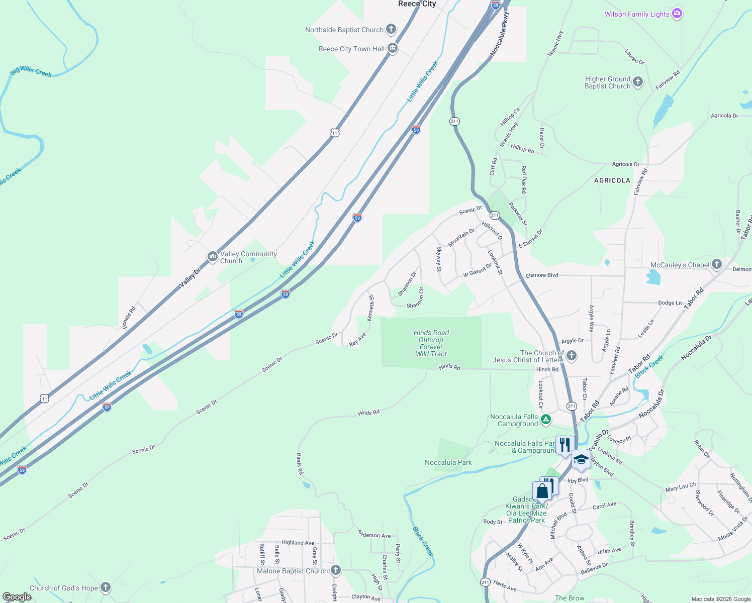 map of restaurants, bars, coffee shops, grocery stores, and more near 104 Kenneth Street in Gadsden
