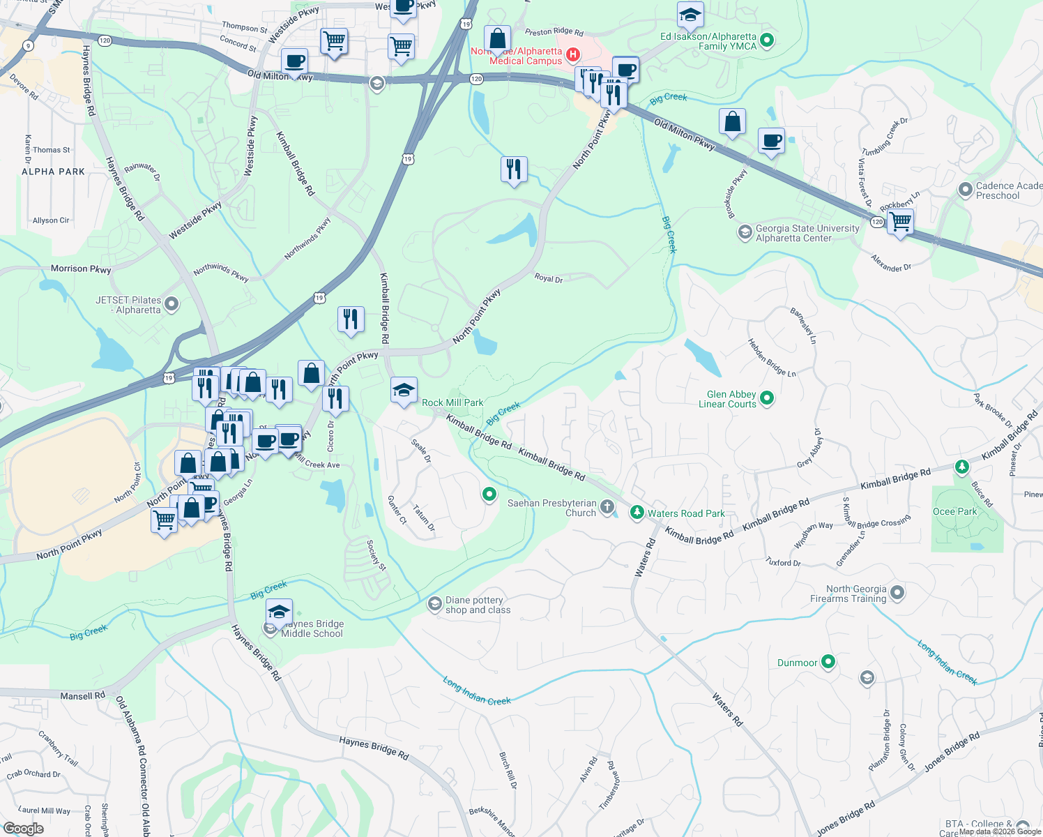 map of restaurants, bars, coffee shops, grocery stores, and more near 1130 Sterling Brooke Drive in Alpharetta