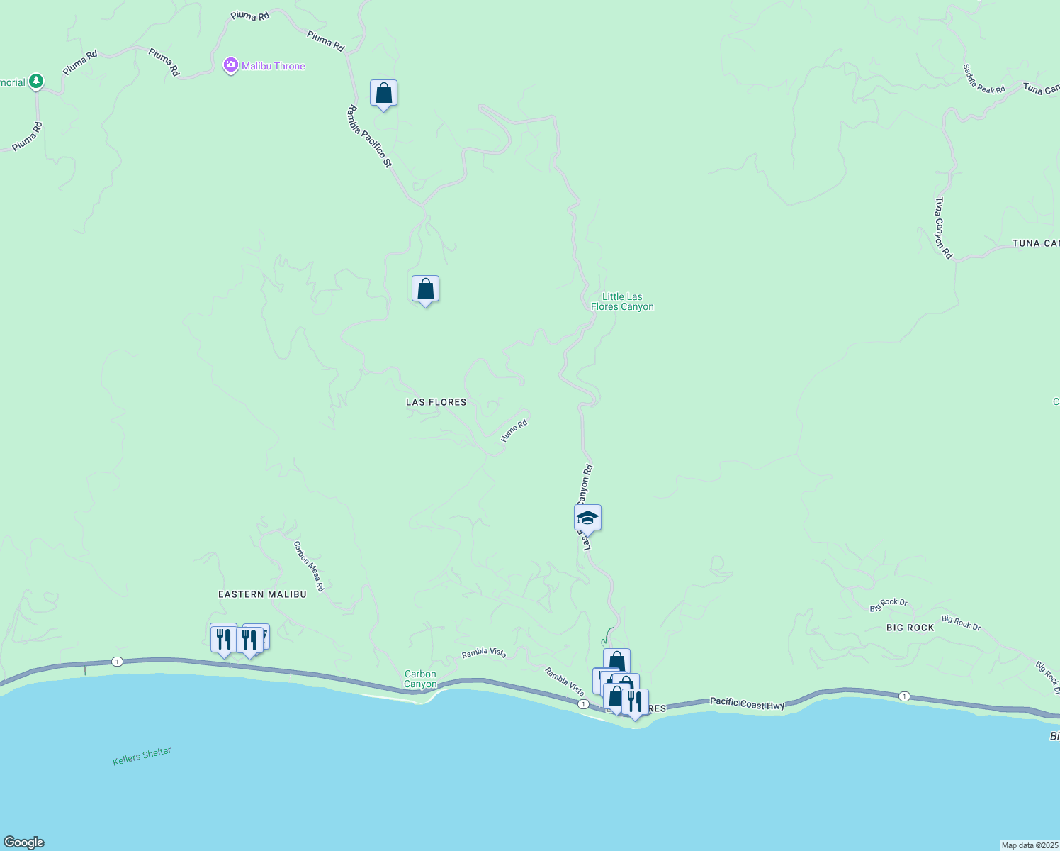 map of restaurants, bars, coffee shops, grocery stores, and more near 2810 Hume Road in Malibu