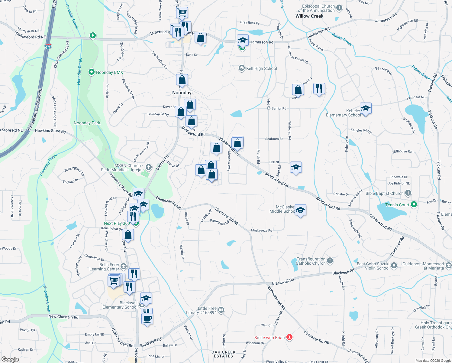 map of restaurants, bars, coffee shops, grocery stores, and more near 4177 Meadow Way in Marietta
