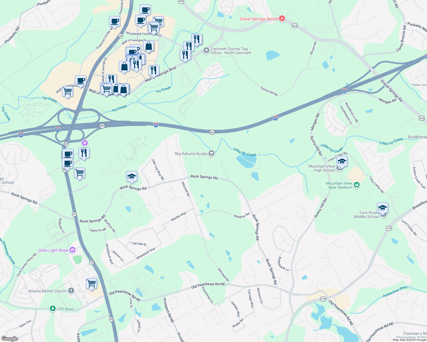map of restaurants, bars, coffee shops, grocery stores, and more near 2530 Ivy Stone Trail in Buford