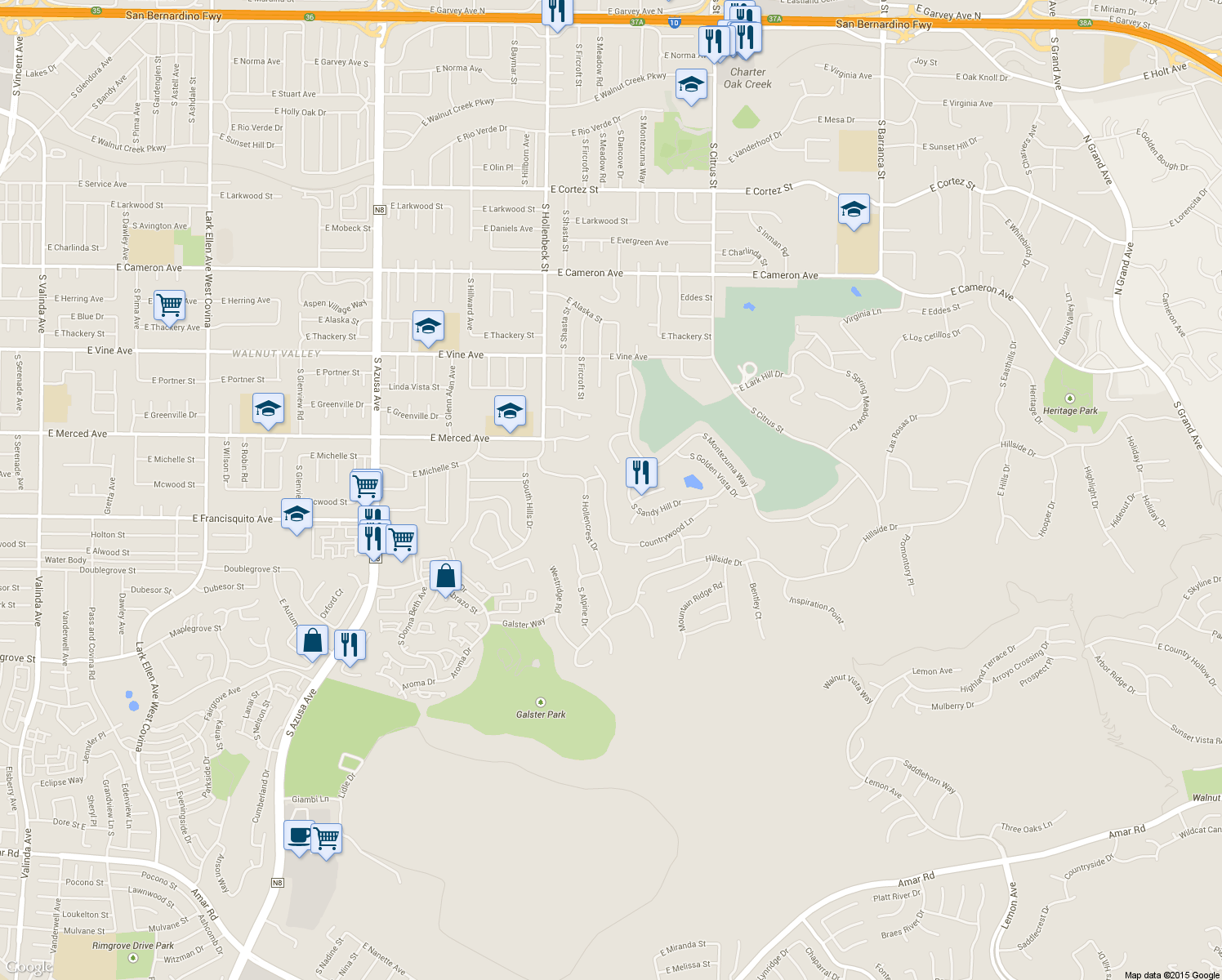map of restaurants, bars, coffee shops, grocery stores, and more near 1310 South Hidden Valley Drive in West Covina