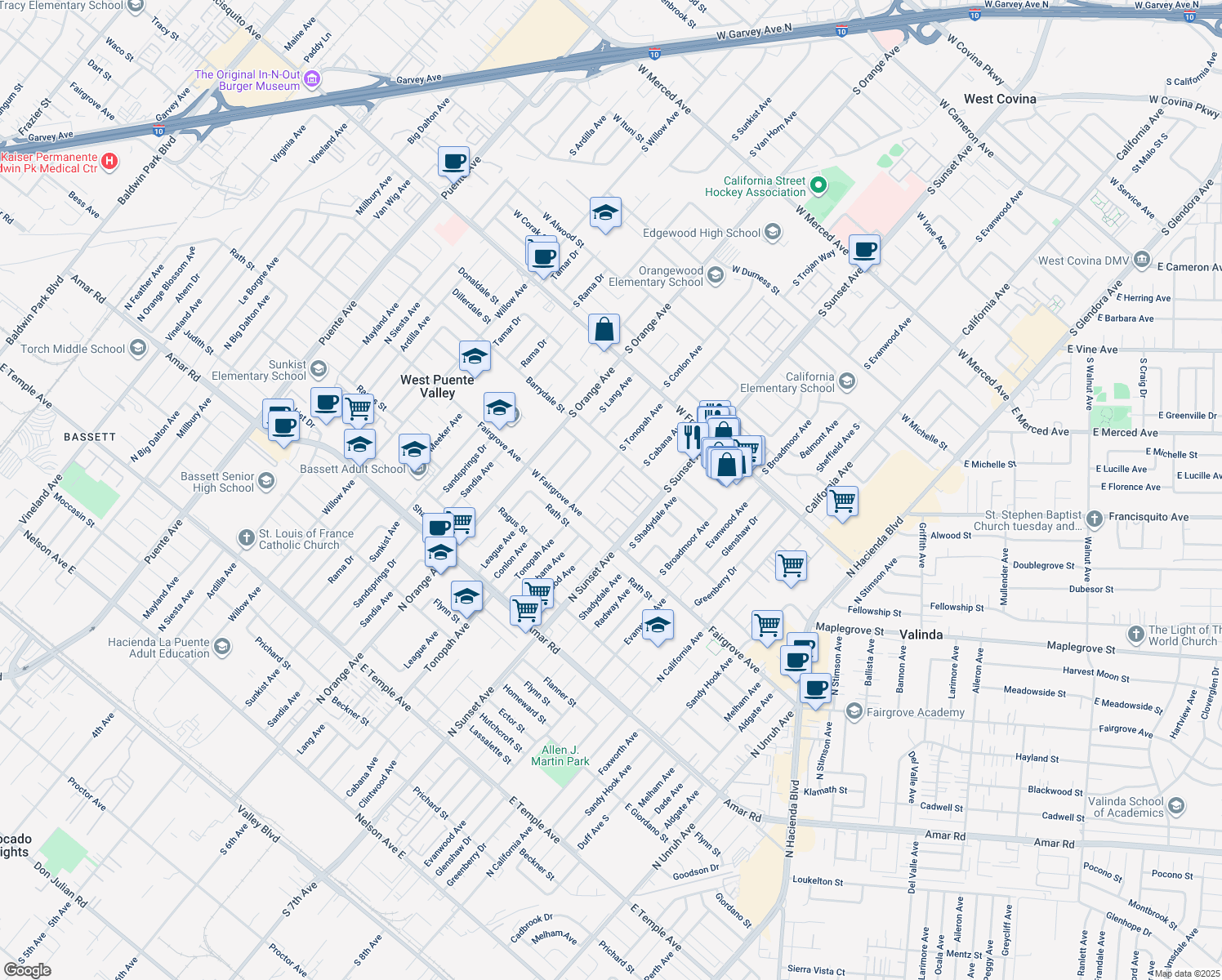 map of restaurants, bars, coffee shops, grocery stores, and more near 1525 West Starburst Drive in West Covina