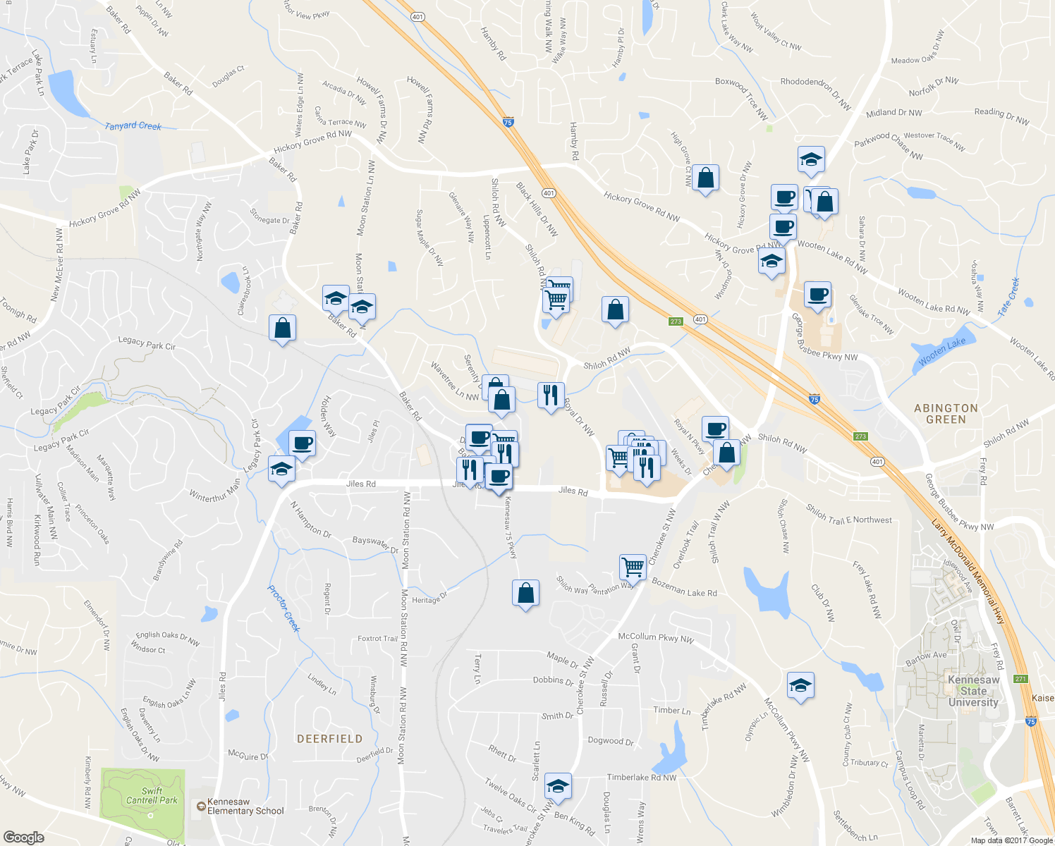 map of restaurants, bars, coffee shops, grocery stores, and more near 2204 Dresden Green in Kennesaw