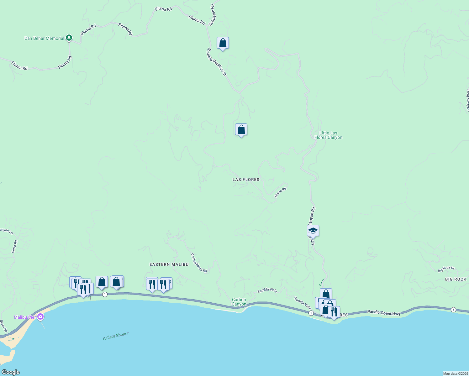 map of restaurants, bars, coffee shops, grocery stores, and more near 2677 Rambla Pacifico Street in Malibu