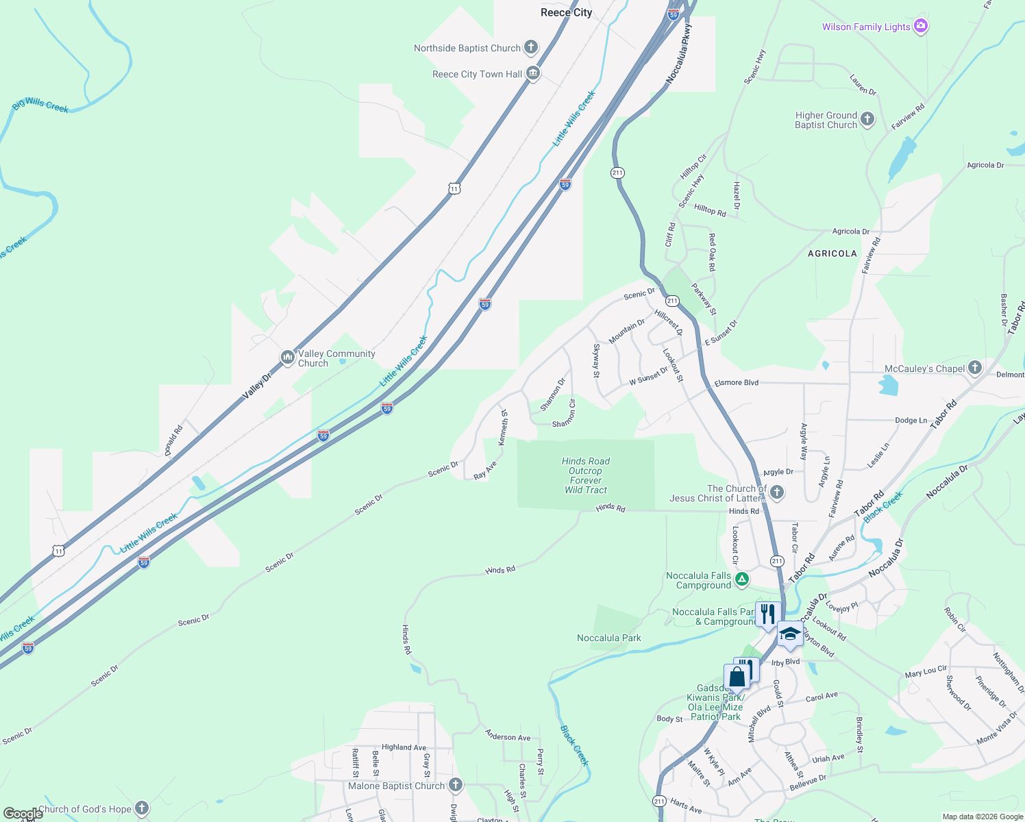 map of restaurants, bars, coffee shops, grocery stores, and more near 104 Kenneth Street in Gadsden