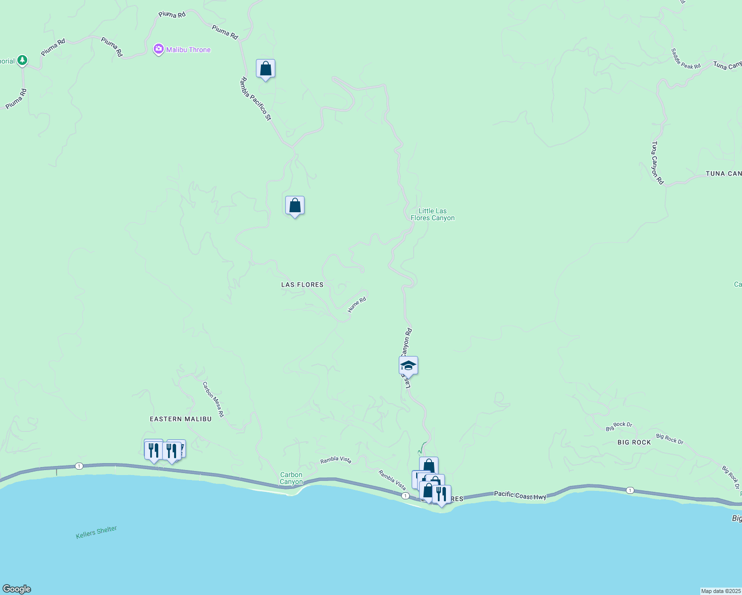 map of restaurants, bars, coffee shops, grocery stores, and more near 2810 Hume Road in Malibu