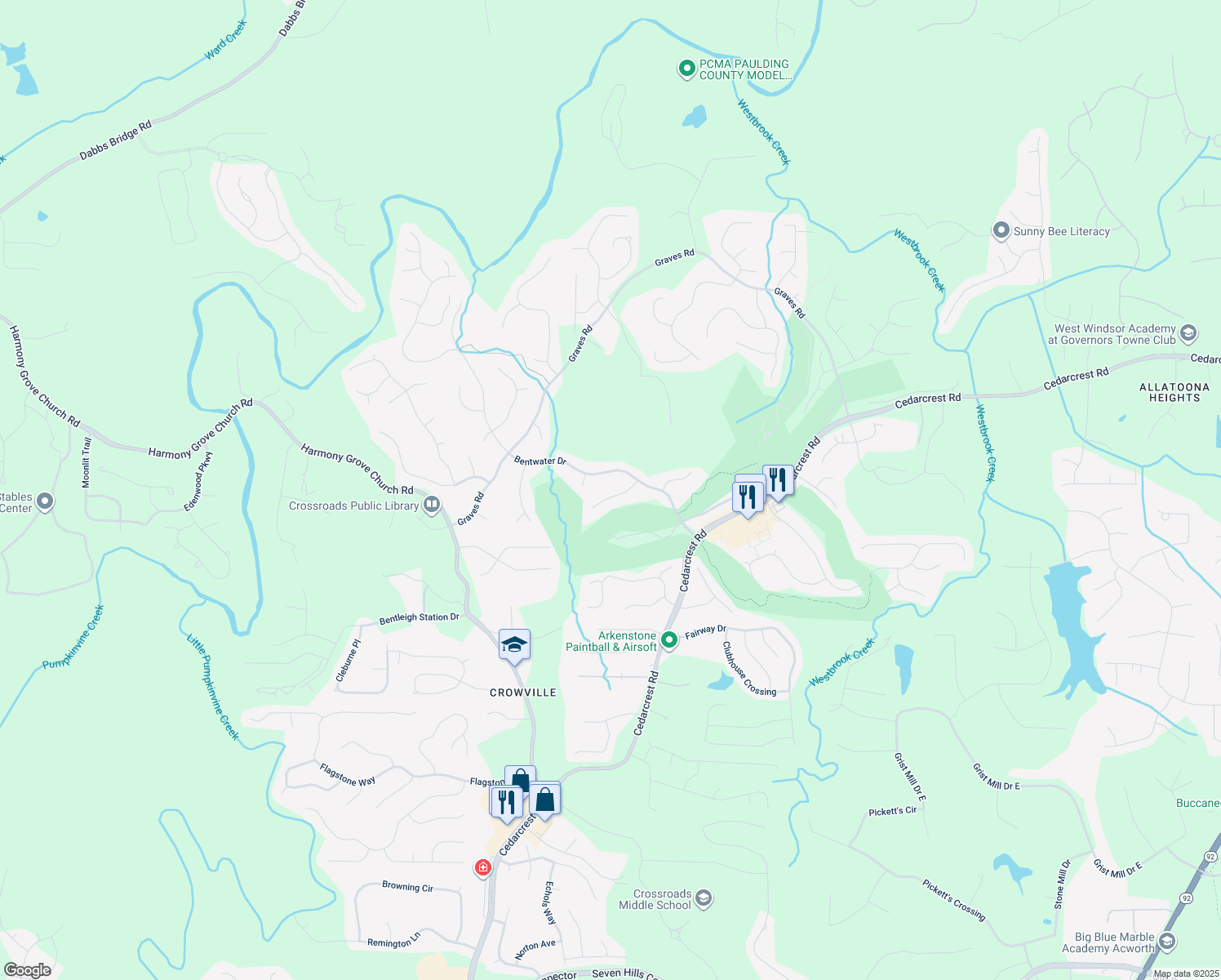 map of restaurants, bars, coffee shops, grocery stores, and more near 92 Timber Creek Lane in Acworth