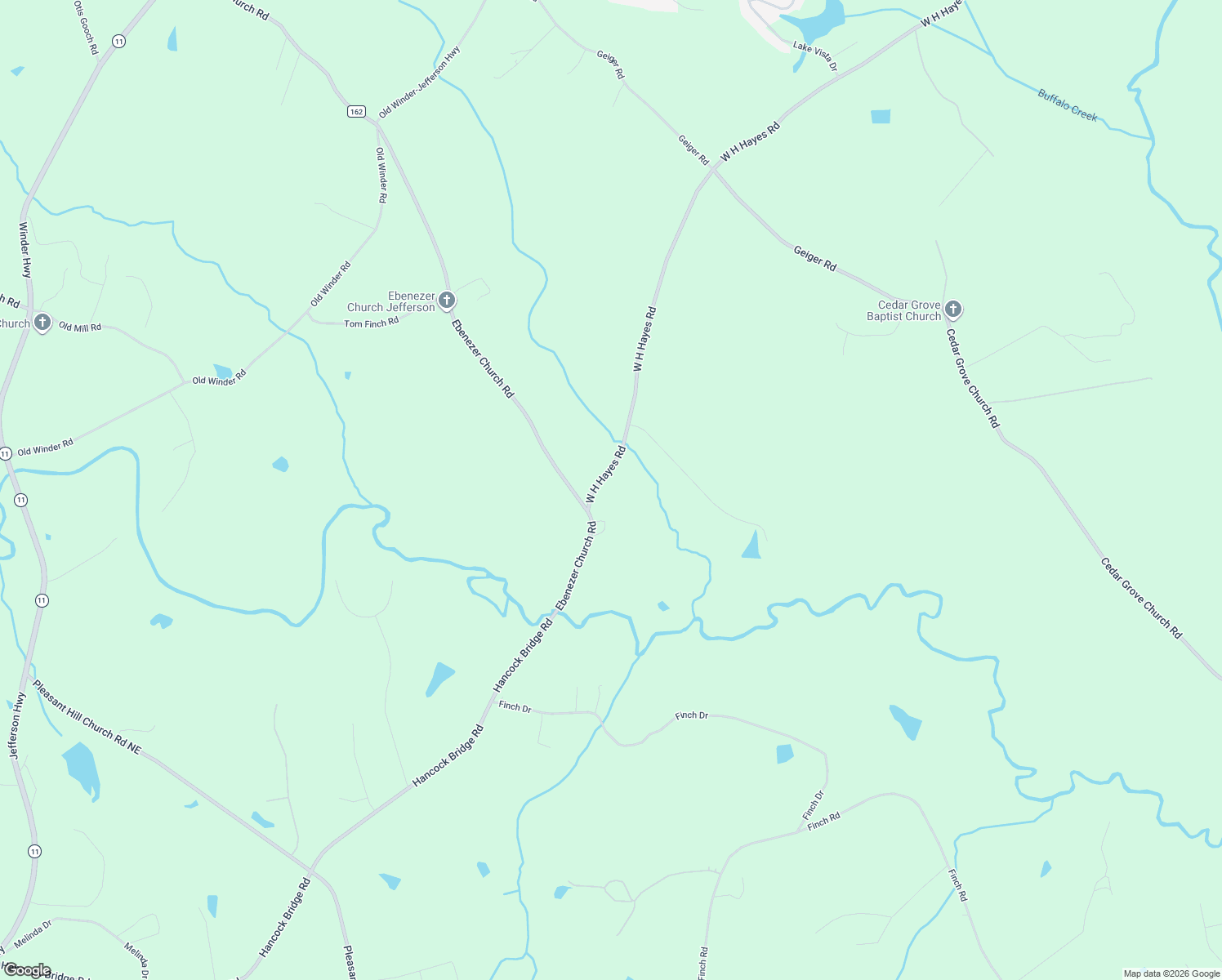 map of restaurants, bars, coffee shops, grocery stores, and more near 2442 West H Hayes Road in Winder