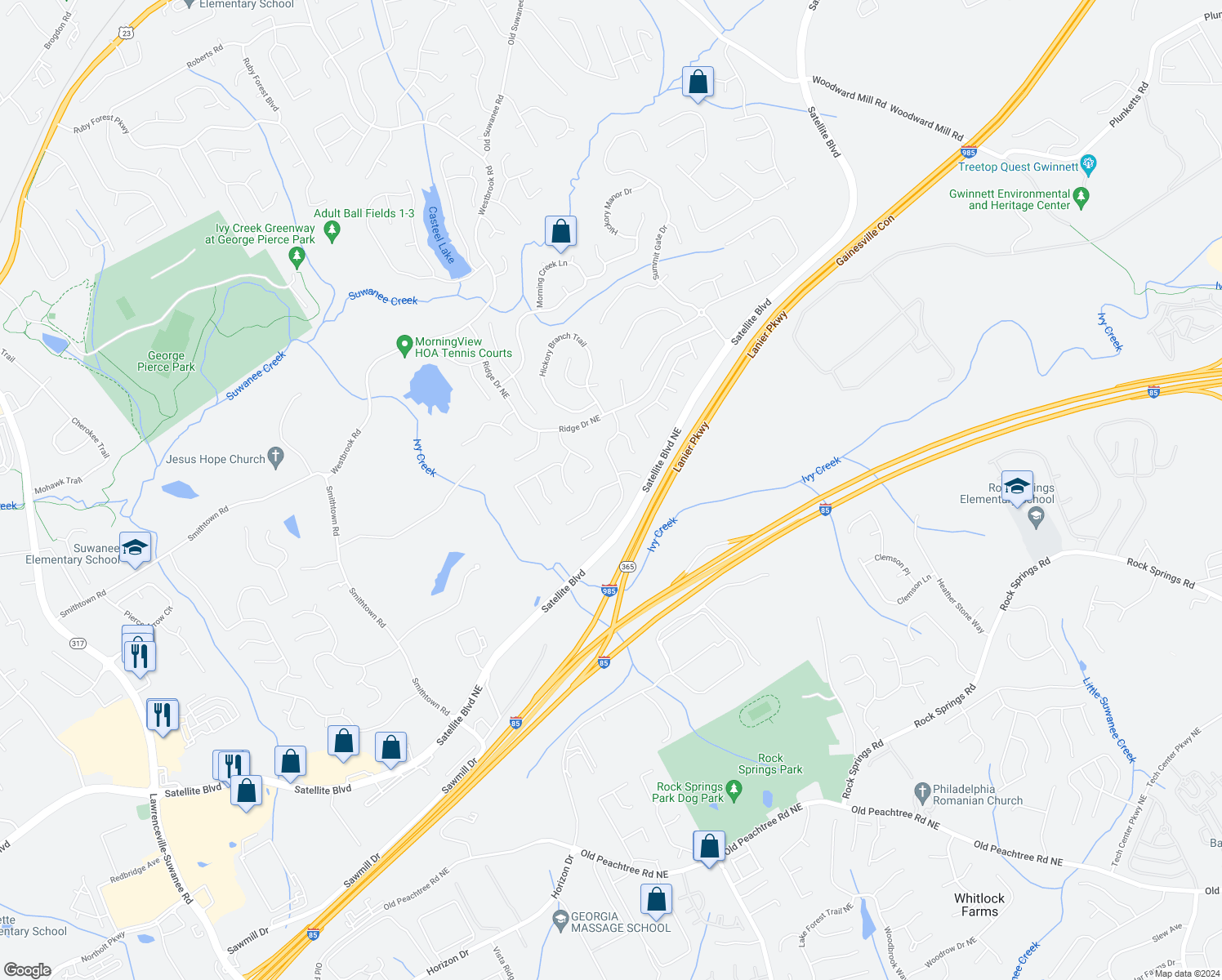 map of restaurants, bars, coffee shops, grocery stores, and more near 457 Canterbury Place Drive in Suwanee