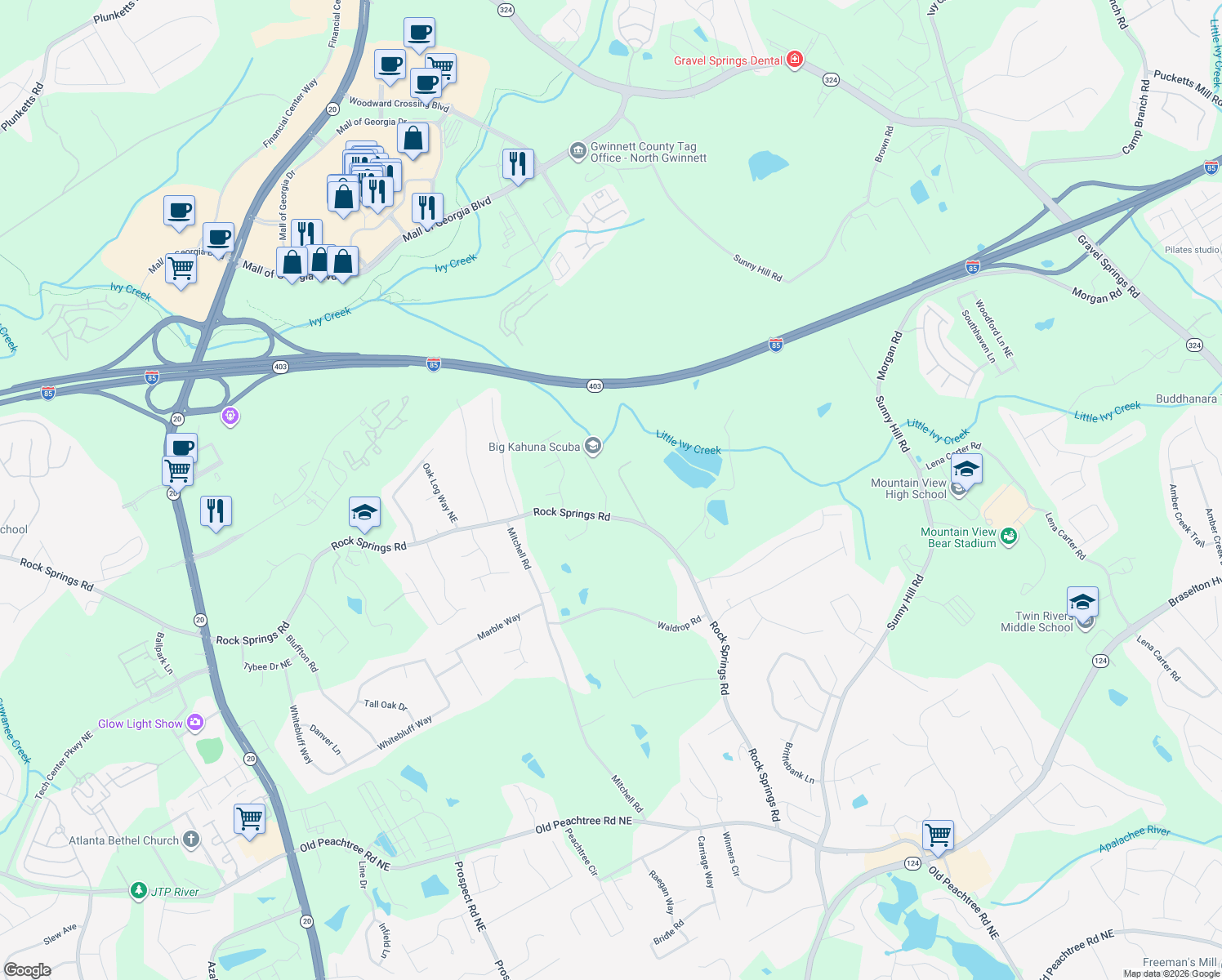 map of restaurants, bars, coffee shops, grocery stores, and more near 2530 Ivy Stone Trail in Buford