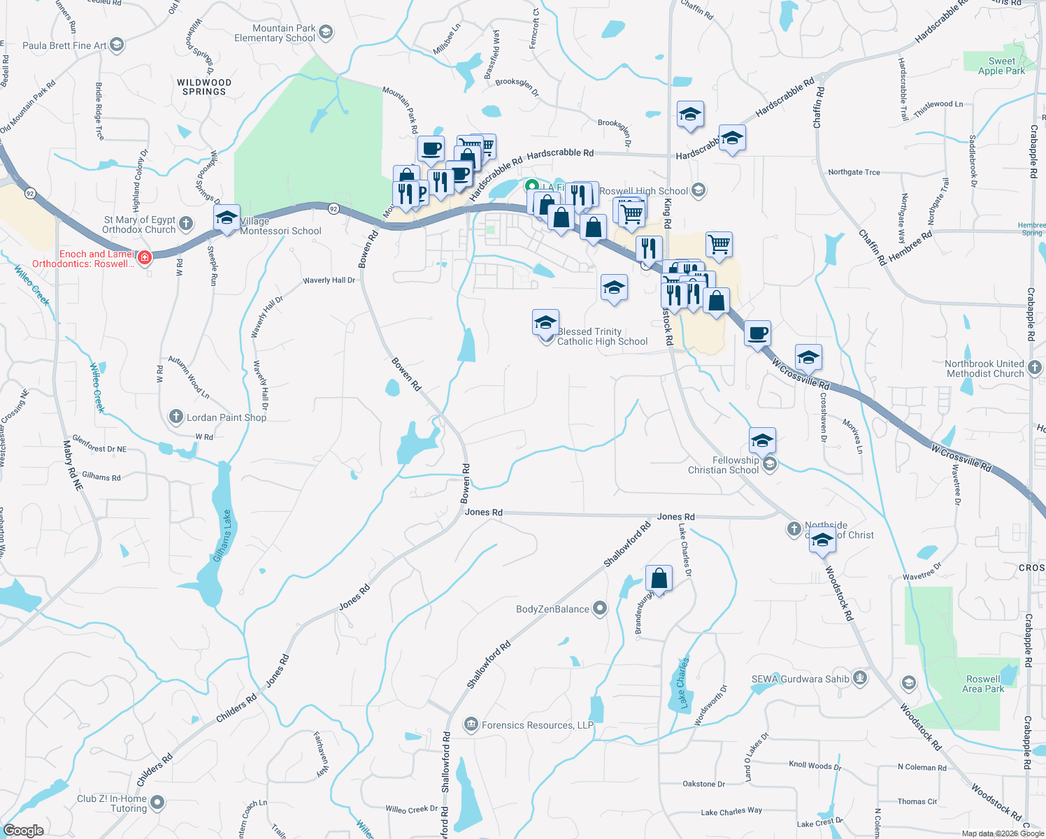 map of restaurants, bars, coffee shops, grocery stores, and more near 11165 Willow Wood Dr in Roswell