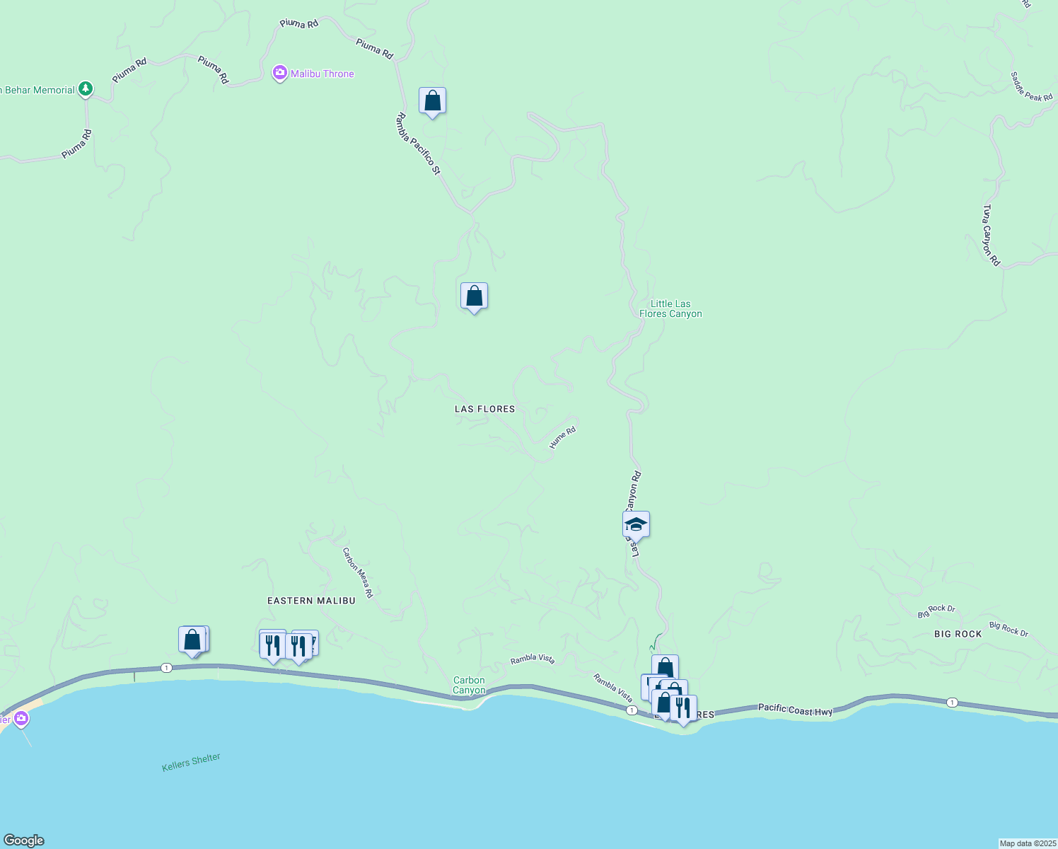 map of restaurants, bars, coffee shops, grocery stores, and more near 21800 Azurelee Drive in Malibu