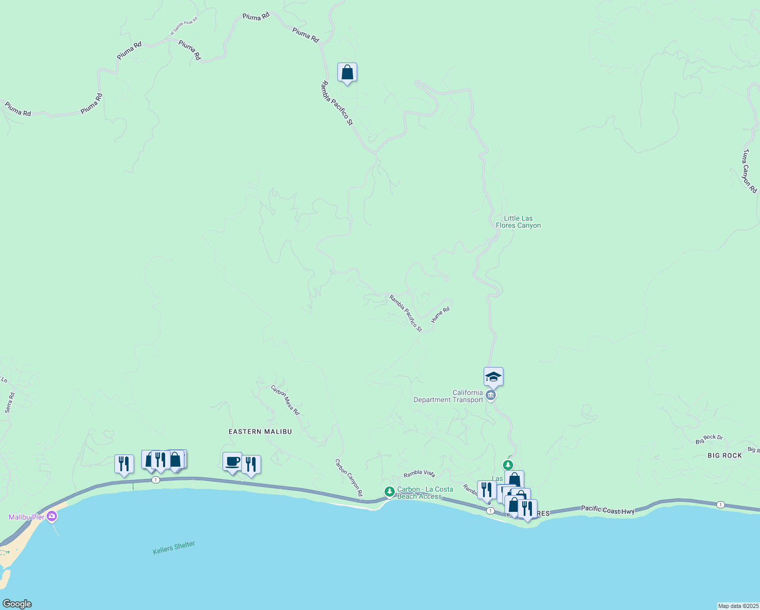 map of restaurants, bars, coffee shops, grocery stores, and more near Eldermoor Drive in Malibu