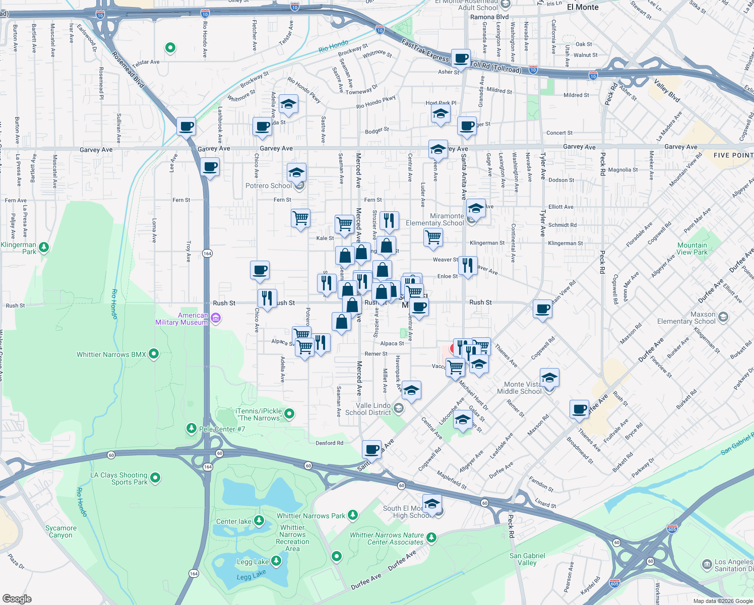 map of restaurants, bars, coffee shops, grocery stores, and more near Strozier Avenue in South El Monte