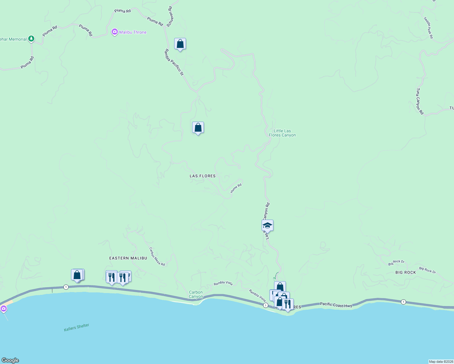 map of restaurants, bars, coffee shops, grocery stores, and more near 21766 Azurelee Drive in Malibu