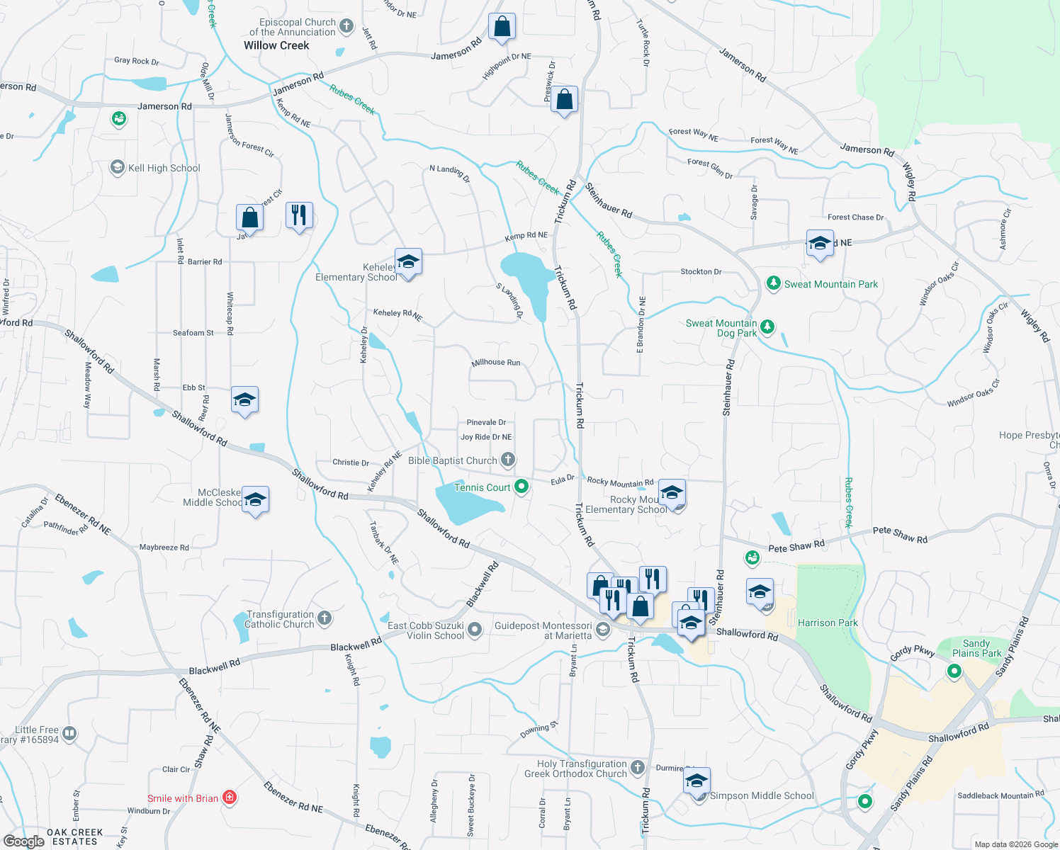 map of restaurants, bars, coffee shops, grocery stores, and more near 4069 Longford Drive Northeast in Marietta