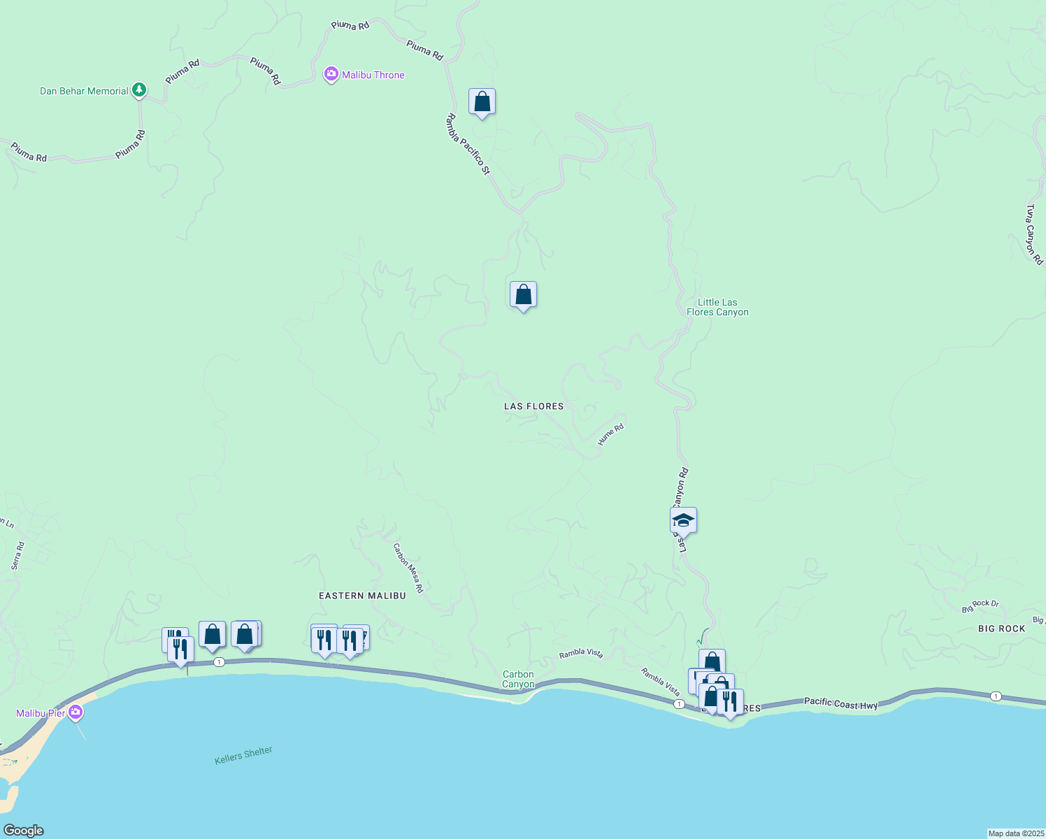 map of restaurants, bars, coffee shops, grocery stores, and more near Eldermoor Drive in Malibu