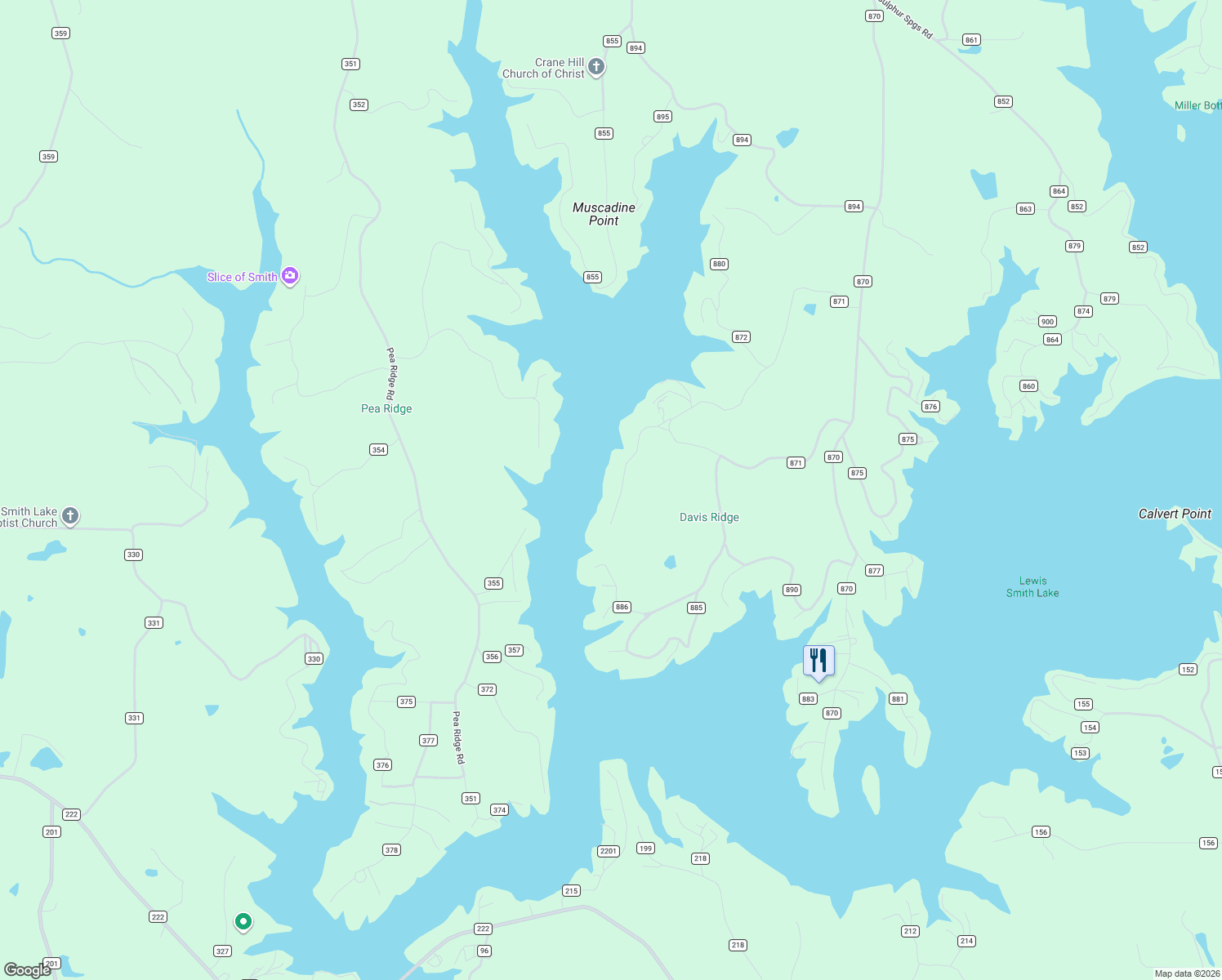 map of restaurants, bars, coffee shops, grocery stores, and more near County Road 886 in Crane Hill