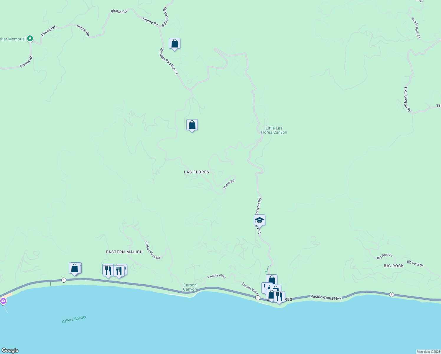 map of restaurants, bars, coffee shops, grocery stores, and more near 21766 Azurelee Drive in Malibu