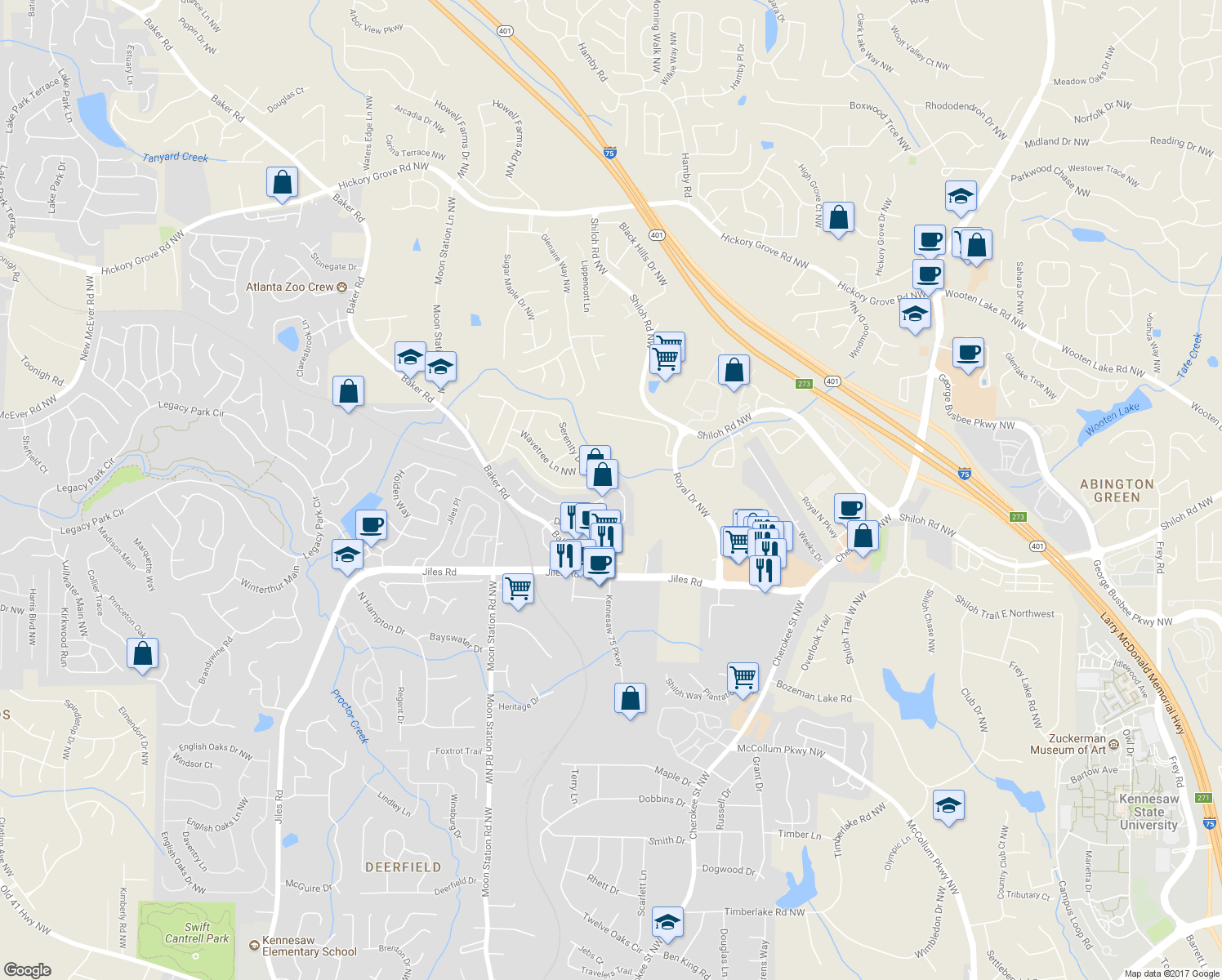 map of restaurants, bars, coffee shops, grocery stores, and more near 2238 Dresden Green in Kennesaw