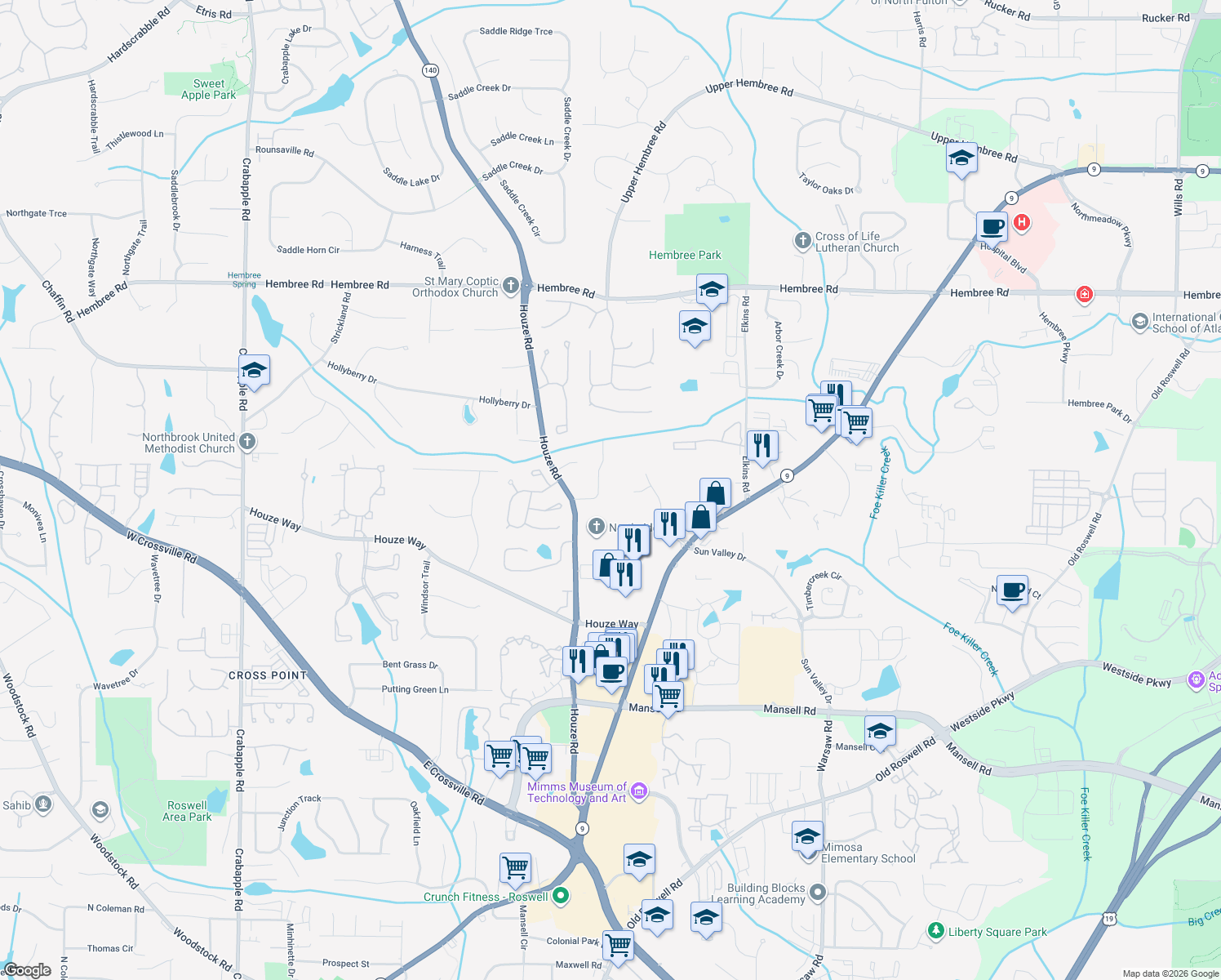 map of restaurants, bars, coffee shops, grocery stores, and more near 11205 Hembree Springs Dr in Roswell