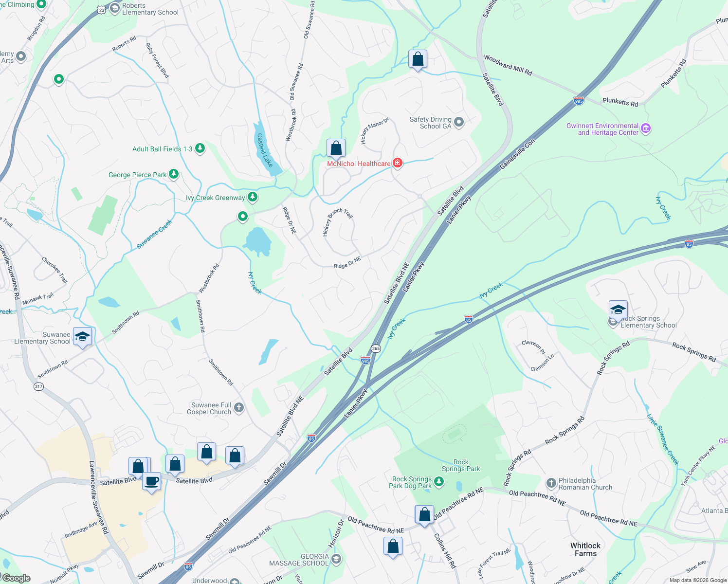 map of restaurants, bars, coffee shops, grocery stores, and more near 3534 Dunbar Lane in Suwanee