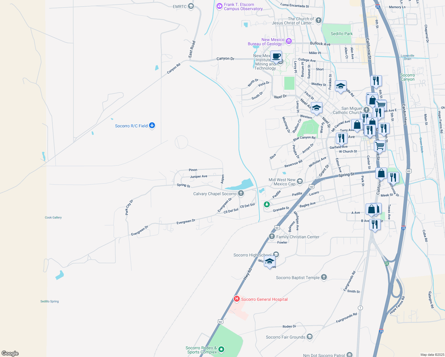 map of restaurants, bars, coffee shops, grocery stores, and more near Aspen in Socorro