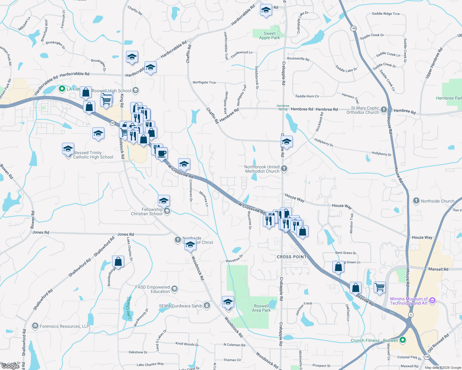 map of restaurants, bars, coffee shops, grocery stores, and more near 6003 Lexington Drive in Roswell