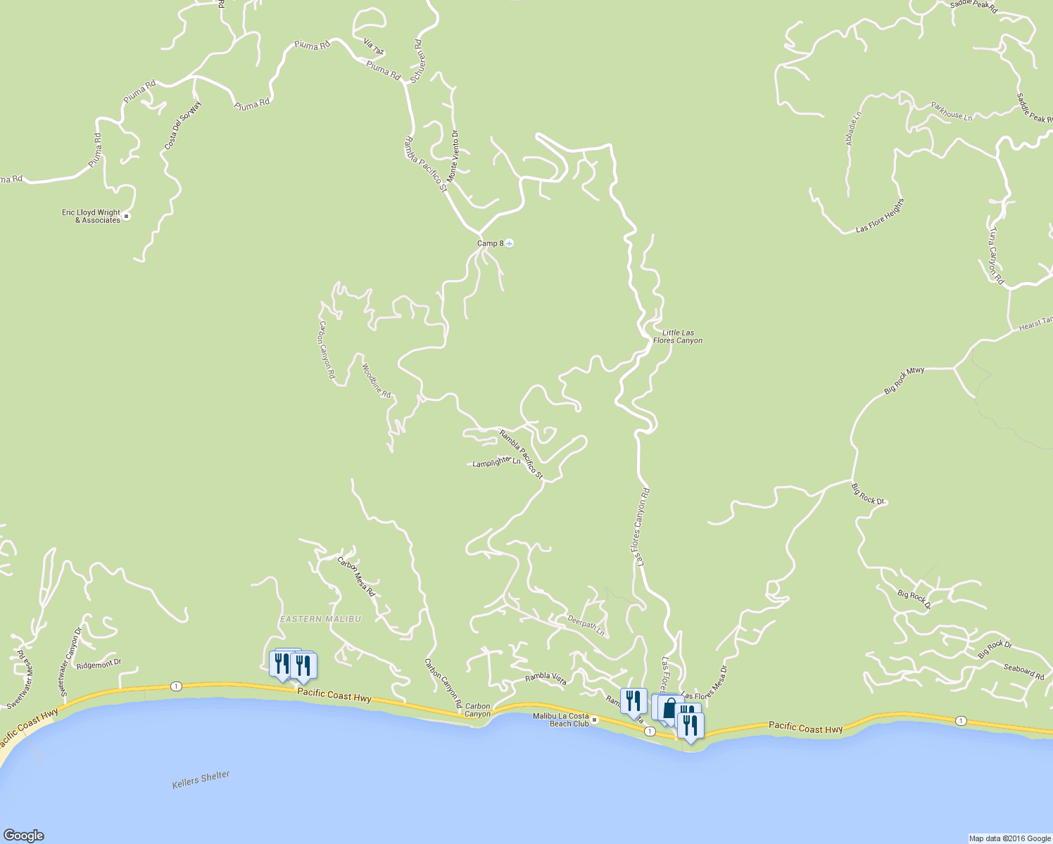 map of restaurants, bars, coffee shops, grocery stores, and more near 2799 Briarbluff Street in Malibu