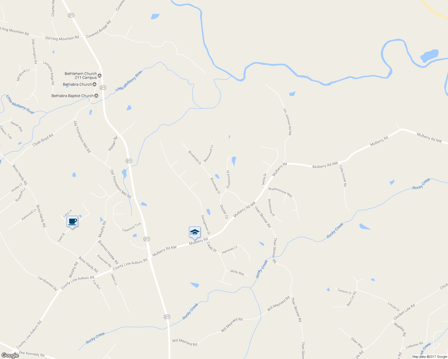 map of restaurants, bars, coffee shops, grocery stores, and more near 822 Knollwood Drive in Winder