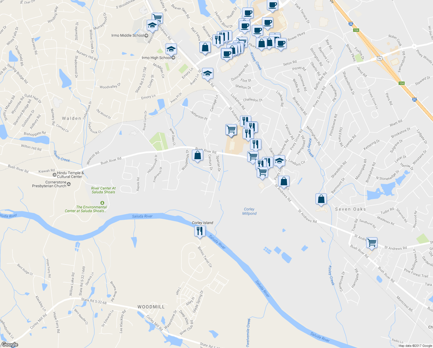 map of restaurants, bars, coffee shops, grocery stores, and more near 201 Spartan Drive in Columbia