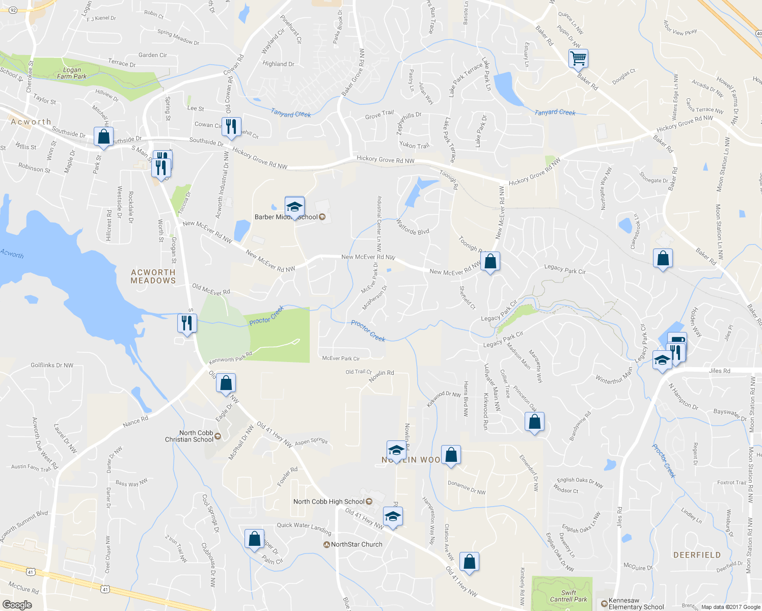 map of restaurants, bars, coffee shops, grocery stores, and more near 4025 McDowell Drive in Acworth