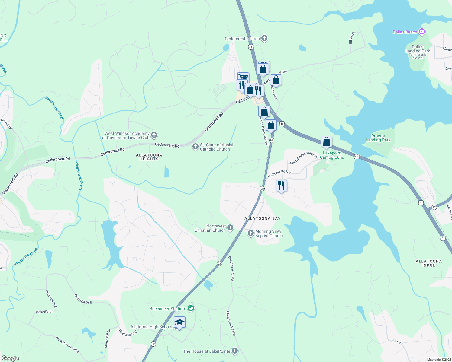 map of restaurants, bars, coffee shops, grocery stores, and more near 4006 Deer Springs Trace NW in Acworth