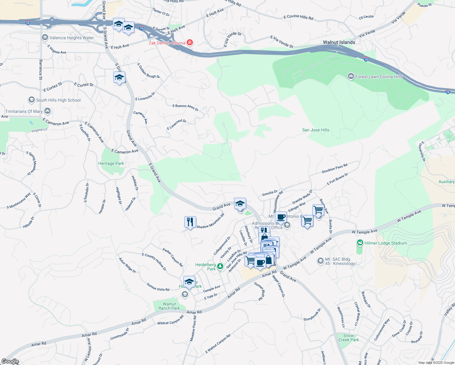 map of restaurants, bars, coffee shops, grocery stores, and more near 20521 Seton Hill Dr in Walnut