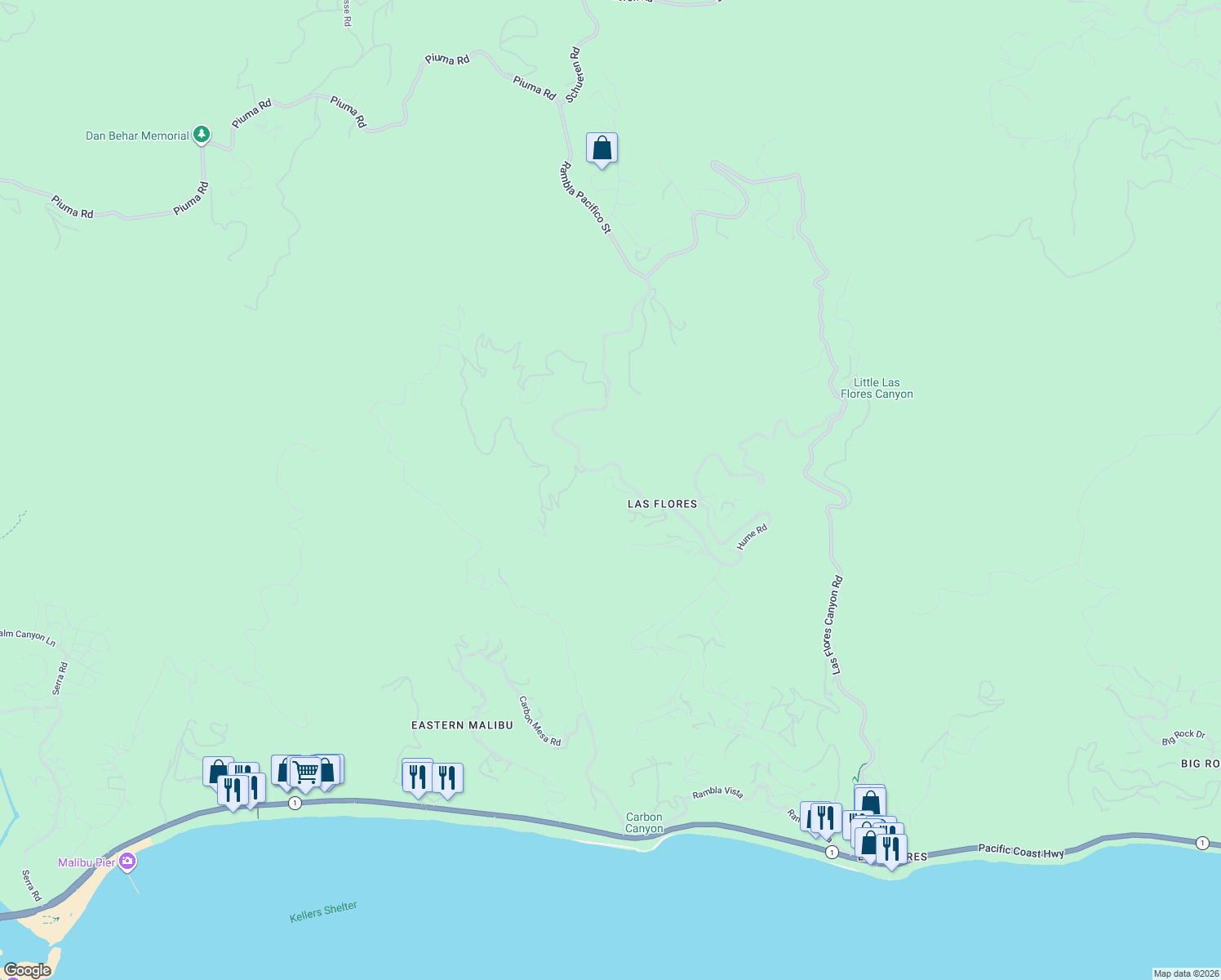map of restaurants, bars, coffee shops, grocery stores, and more near 2641 Rambla Pacifico Street in Malibu