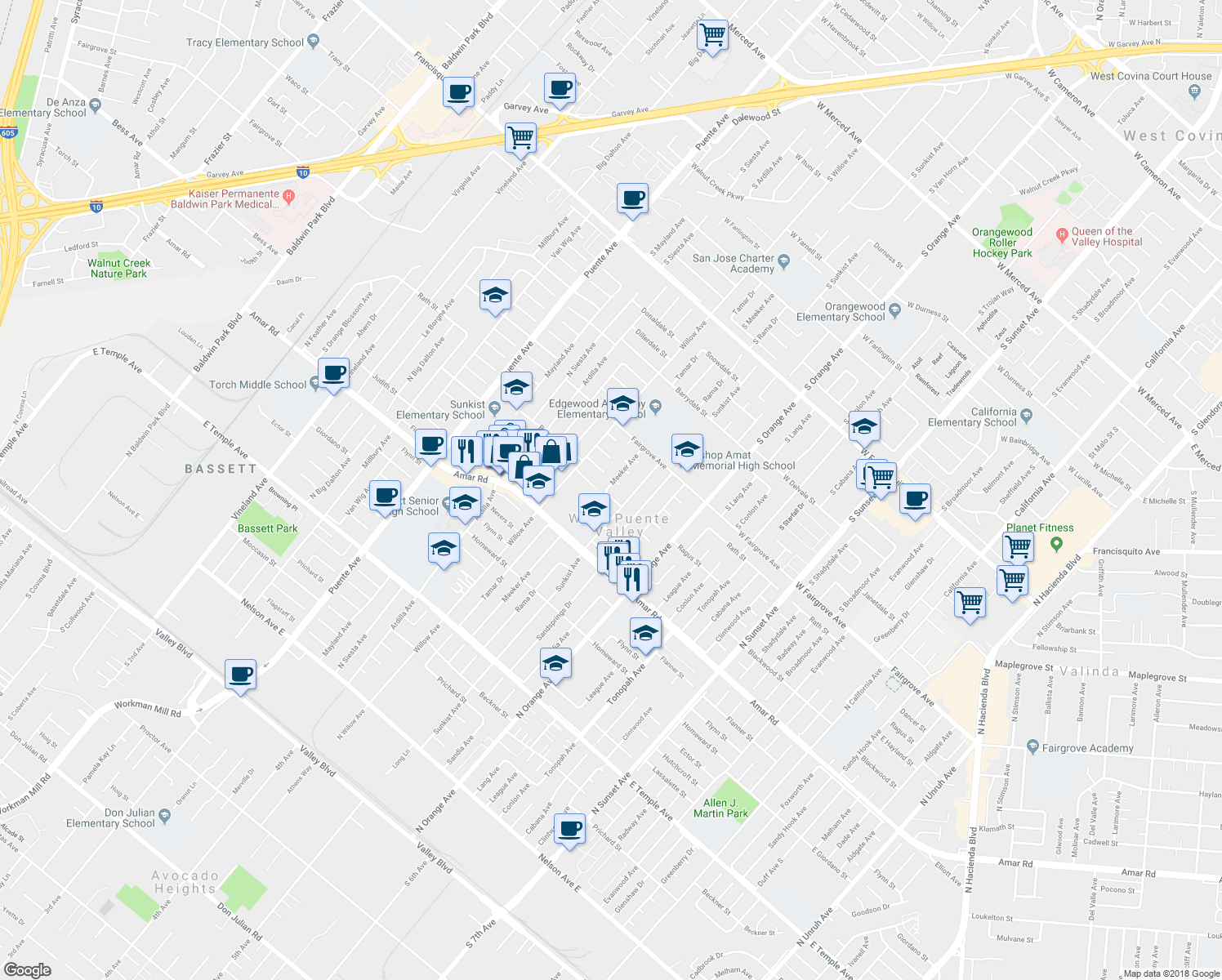 map of restaurants, bars, coffee shops, grocery stores, and more near 14213 Hayland Street in La Puente