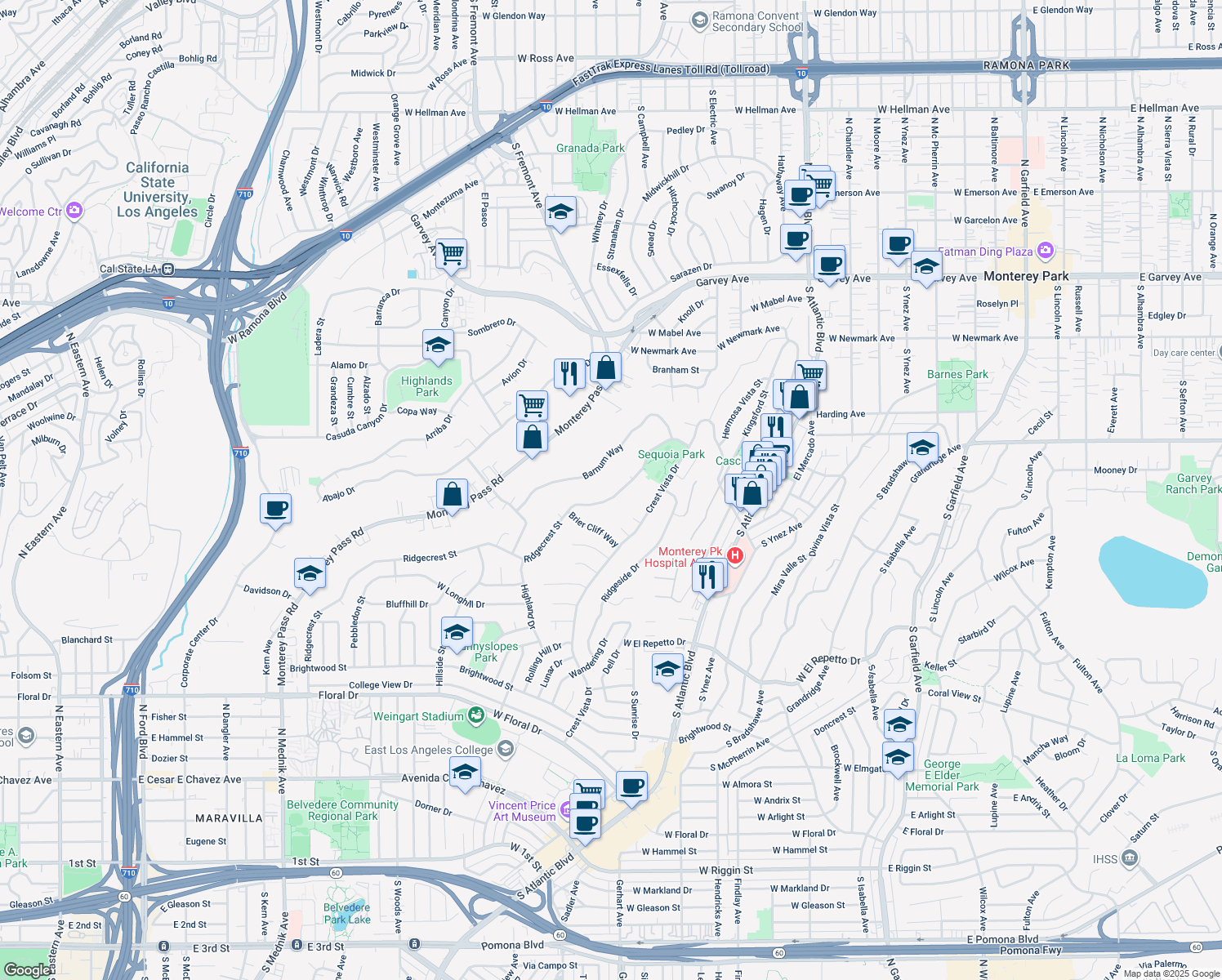 map of restaurants, bars, coffee shops, grocery stores, and more near 805 Ridgecrest St in Monterey Park