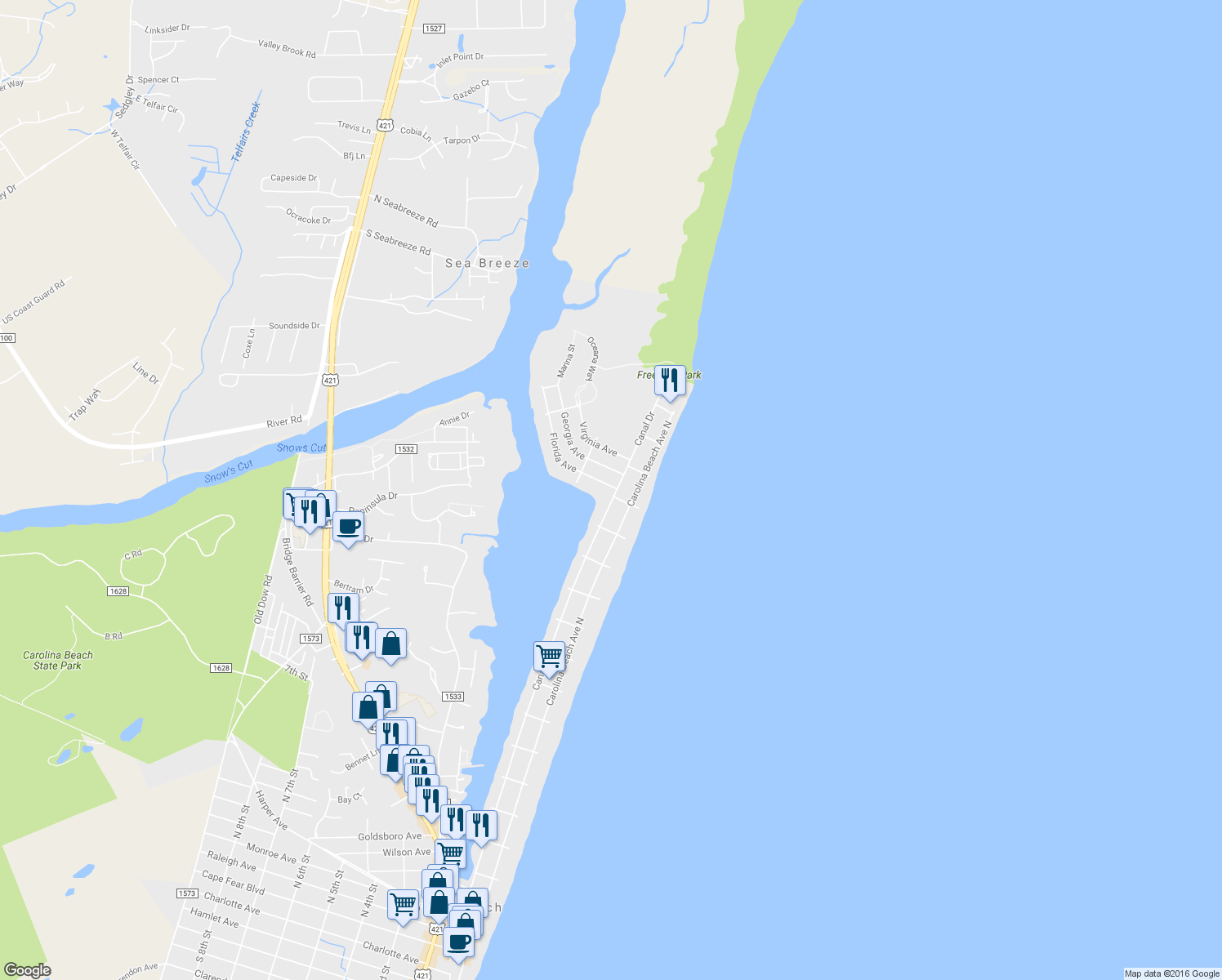 map of restaurants, bars, coffee shops, grocery stores, and more near 1417 Canal Drive in Carolina Beach